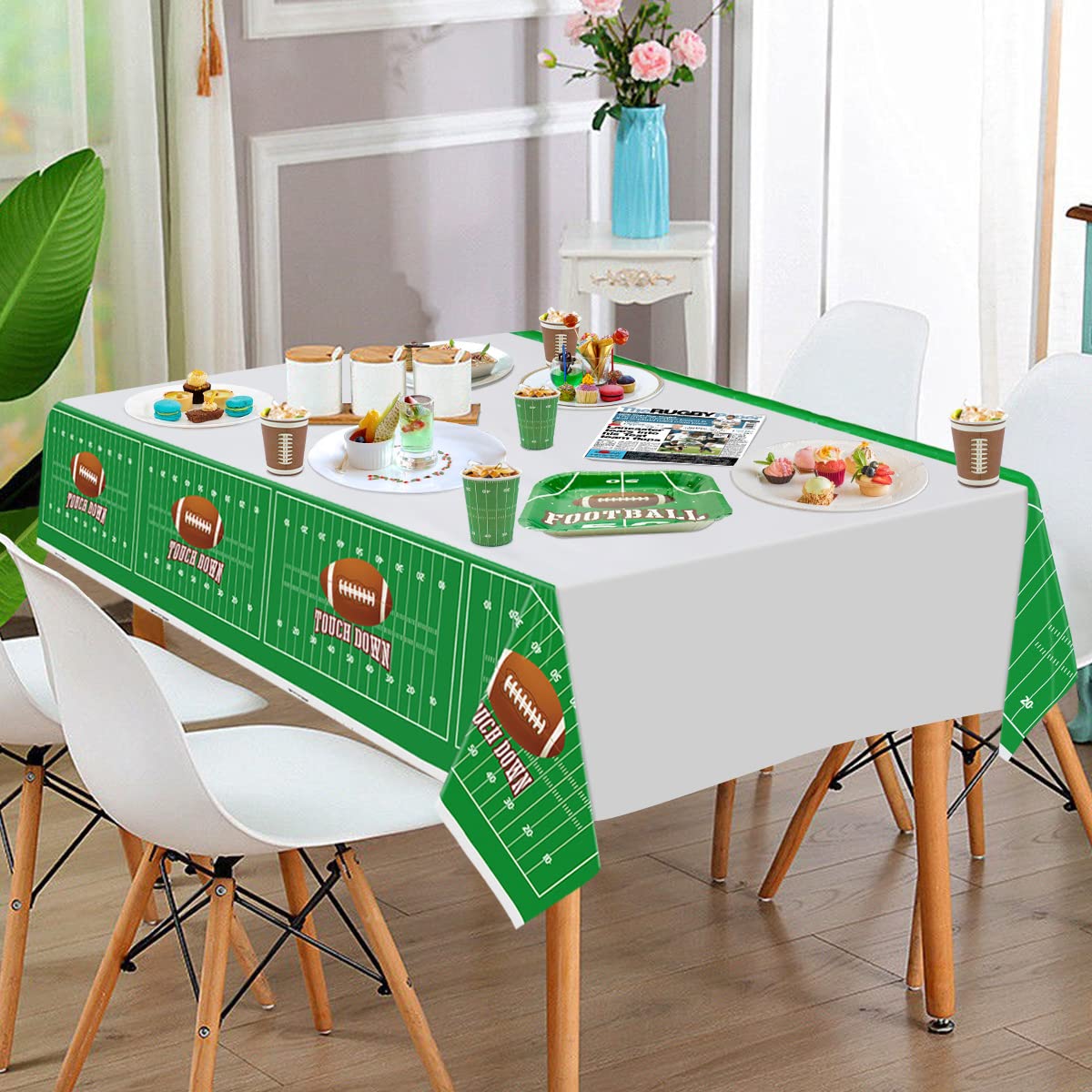 4 Pack Football Themed Tablecloths Disposable Plastic Football Table Cover Supplies Rectangular Game Day Tablecloth Football Field for Tailgate