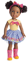 American Girl WellieWishers Kendall 14.5-inch Doll with Deep Brown Eyes, Curly Black Hair, Pink Sparkle Stretch Leotard, Periwinkle Glitter Mesh