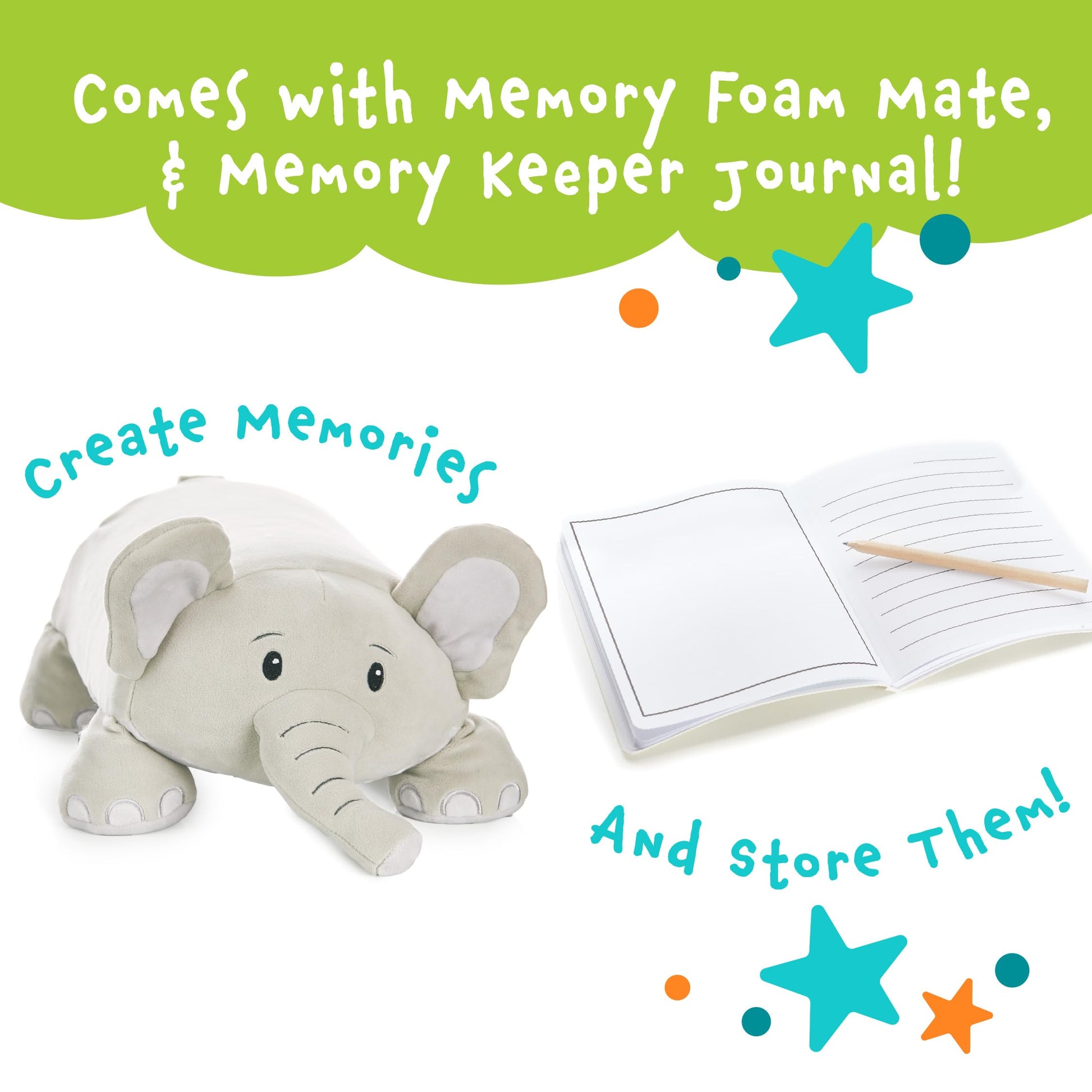 MEMORY MATES Piper the Elephant Memory Foam Pillow Plush with Kid's Diary that Stores in Belly Pocket, 15” Stuffed Animal, 6" Journal