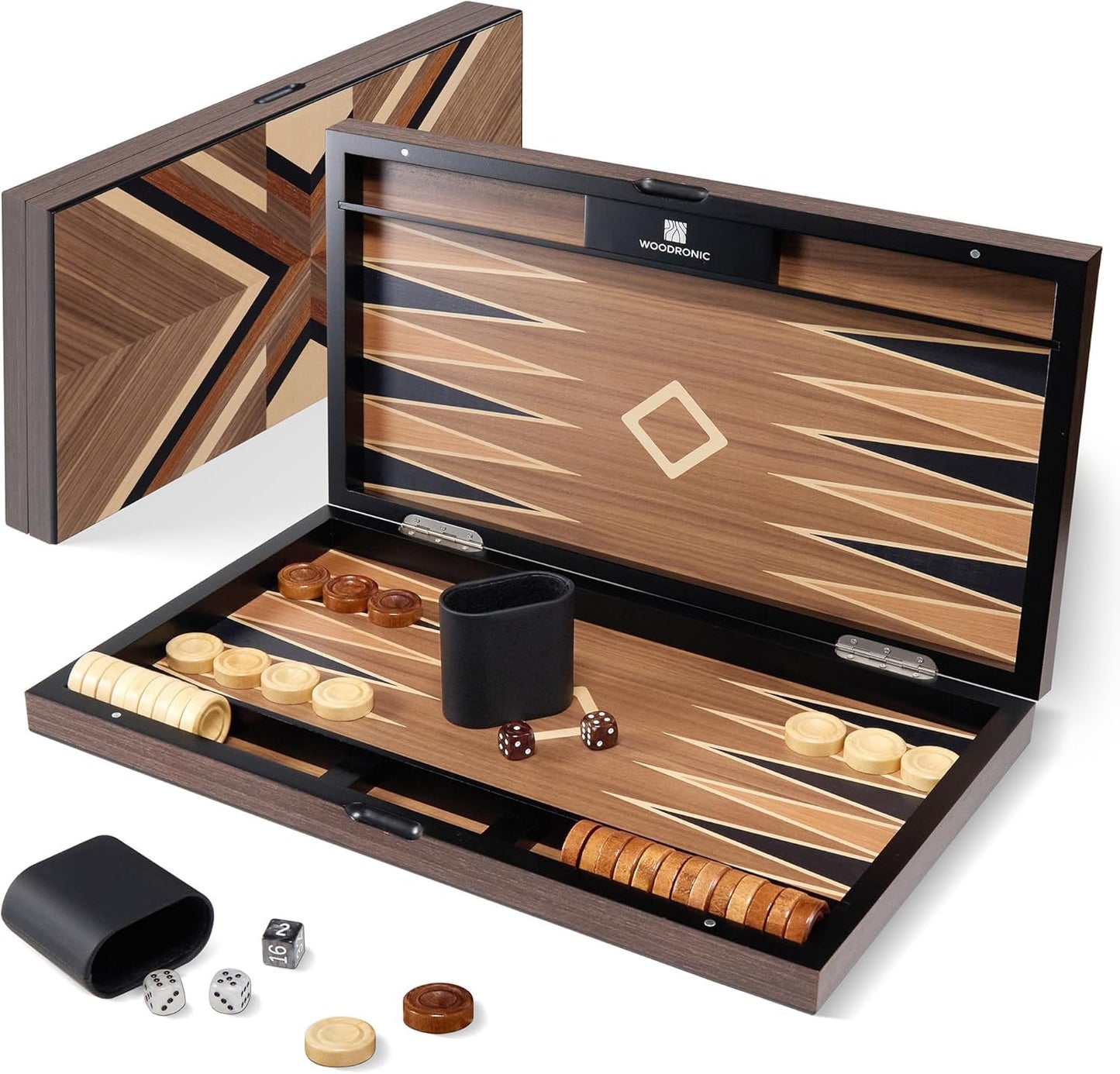 Wood Backgammon Set for Adults - 15 Inch Classic Board Game Case - Premium Folding Backgammon Set with Oversize Wooden Playing Pieces, Dices