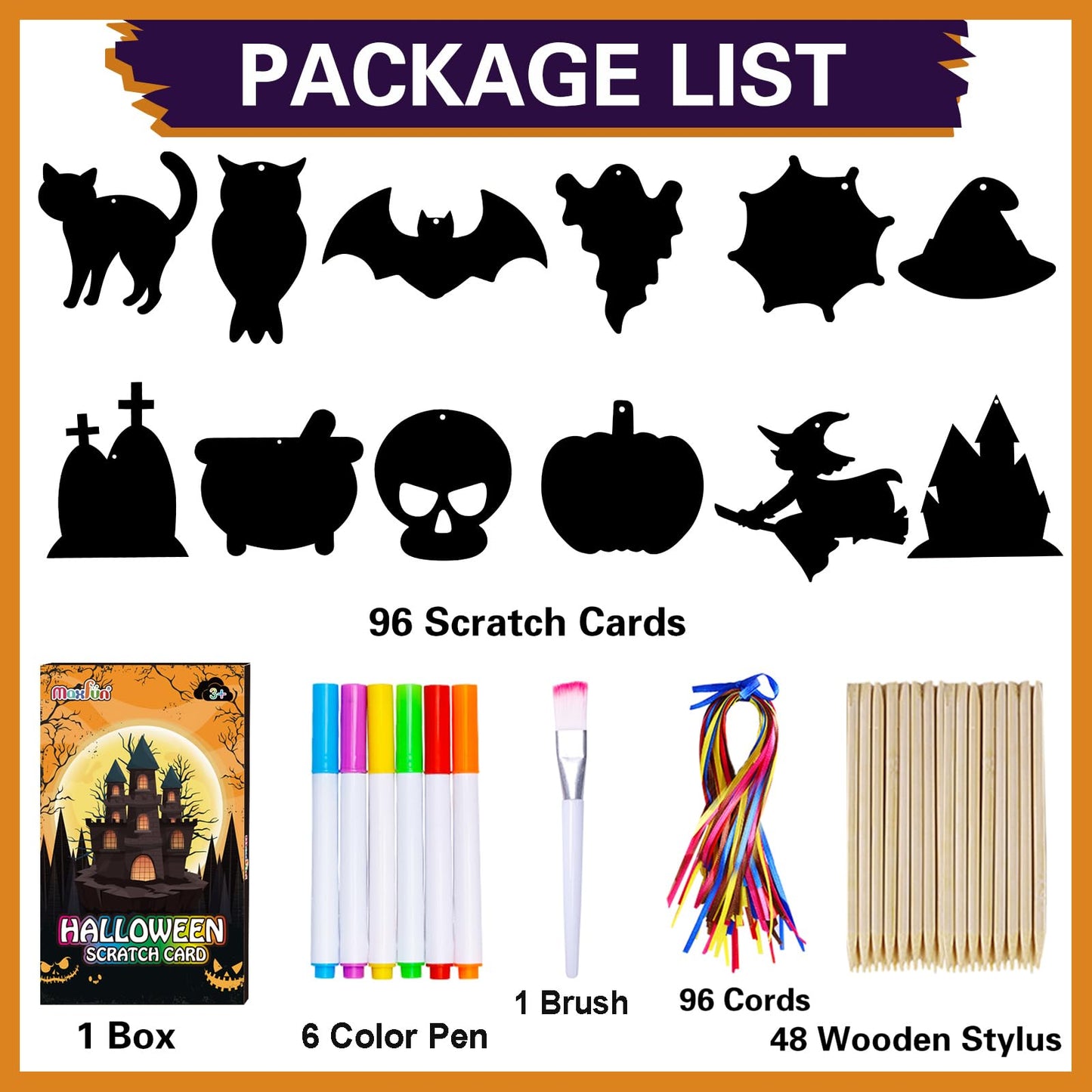 Max Fun Halloween Craft Scratch Paper Art for Kids Party Games Ornaments 96PCS Magic Rainbow Scratch Off Cards Paper Hanging Educational Toys Kit
