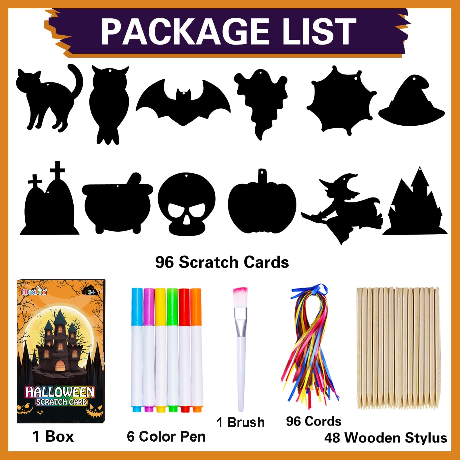 Max Fun Halloween Craft Scratch Paper Art for Kids Party Games Ornaments 96PCS Magic Rainbow Scratch Off Cards Paper Hanging Educational Toys Kit