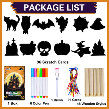 Max Fun Halloween Craft Scratch Paper Art for Kids Party Games Ornaments 96PCS Magic Rainbow Scratch Off Cards Paper Hanging Educational Toys Kit