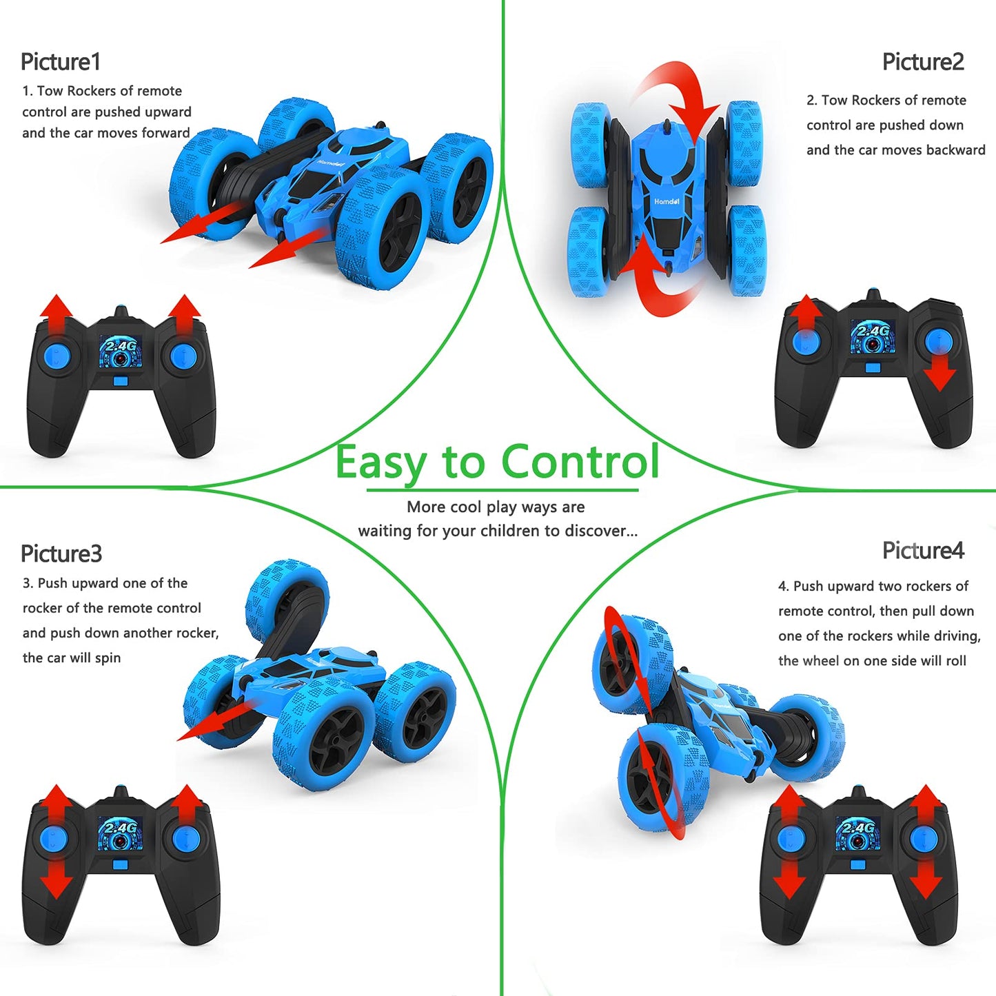 Hamdol Remote Control Car for Kids, 360° Rotating RC Stunt Car Double-Sided 4WD Electric Vehicle with LED Lights, 2.4GHz Rechargeable Toy Cars