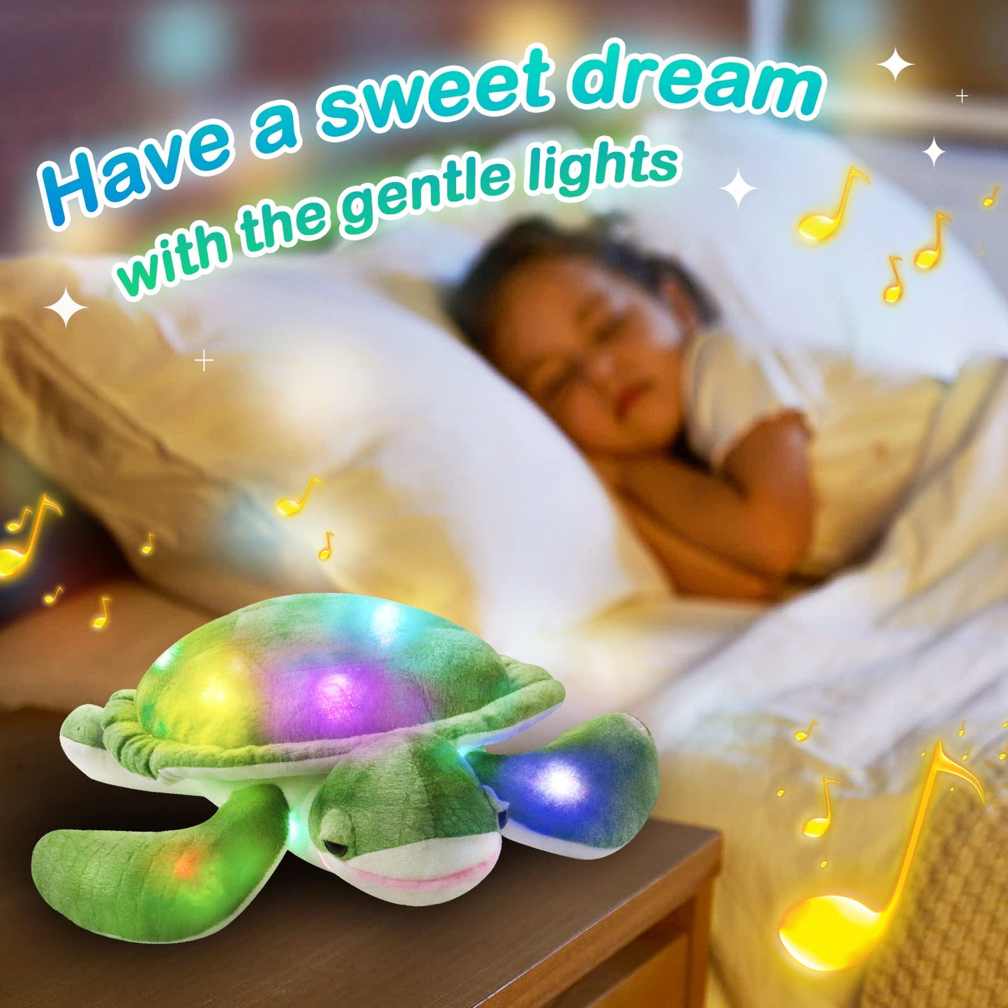 Glow Guards 14'' Light up Musical Sea Turtle Stuffed Animal Ocean Life Soft Plush Toy Pillow with Lullabies LED Night Lights Singing Children's Day