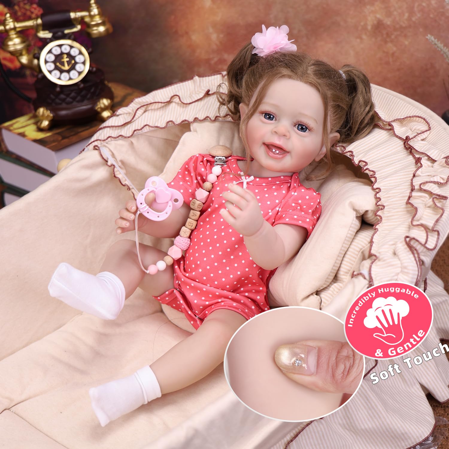 Tookyhill 22 Inch Realistic Reborn Baby Doll Girl, Lifelike Newborn in Red Polka Dot Outfit, Handmade Weighted Toddler Doll with Pacifier Clip and