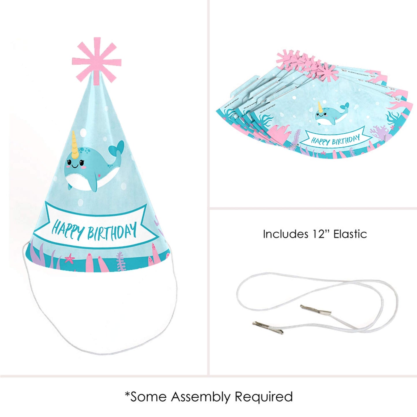 Big Dot of Happiness Narwhal Girl - Cone Happy Birthday Party Hats for Kids and Adults - Set of 8 (Standard Size)