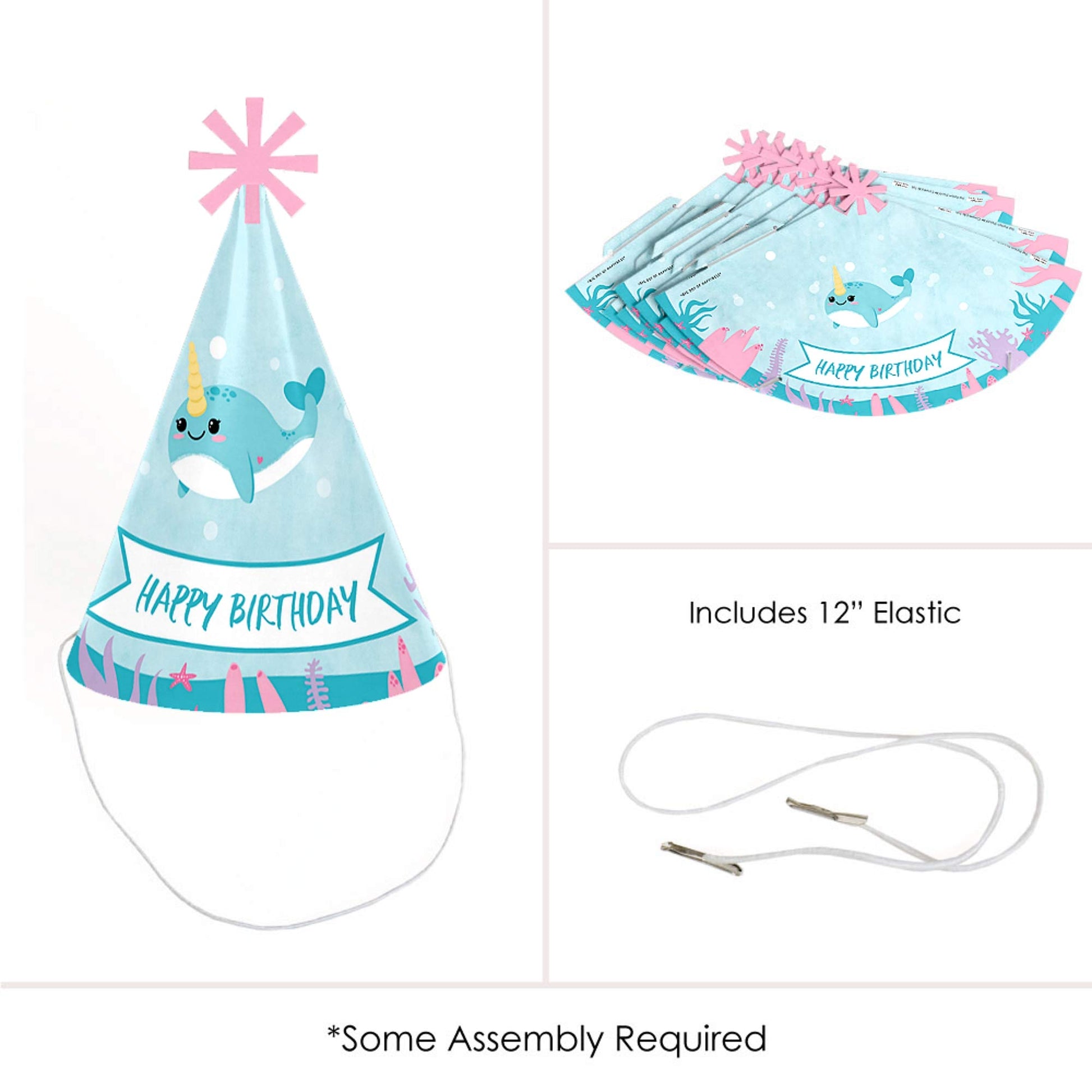 Big Dot of Happiness Narwhal Girl - Cone Happy Birthday Party Hats for Kids and Adults - Set of 8 (Standard Size)
