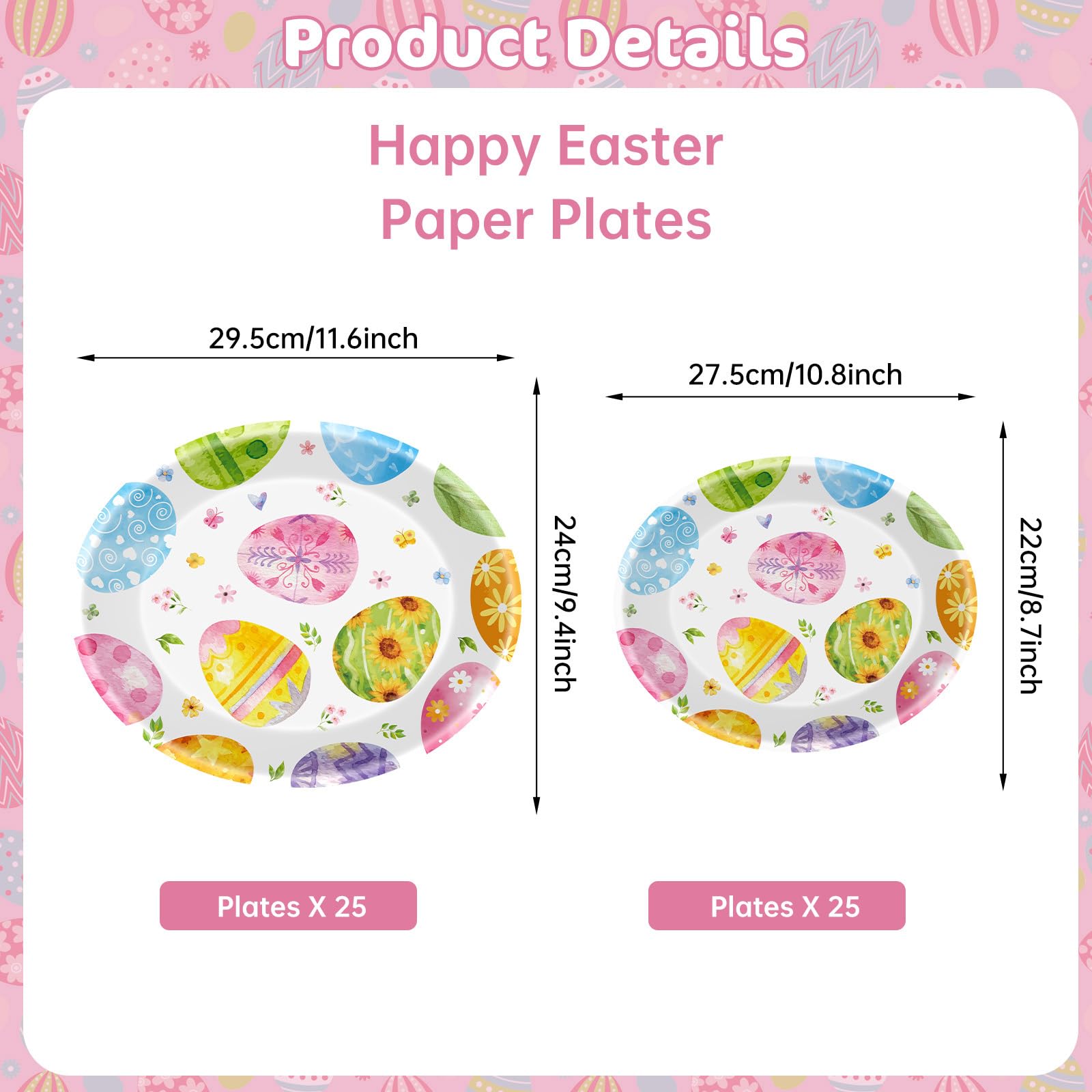 50 Pack Large Easter Plates Set - Watercolor Happy Easter Oval Paper Plates, Disposable Spring Colorful Eggs Oval Heavy Duty Dinner Dessert Plate