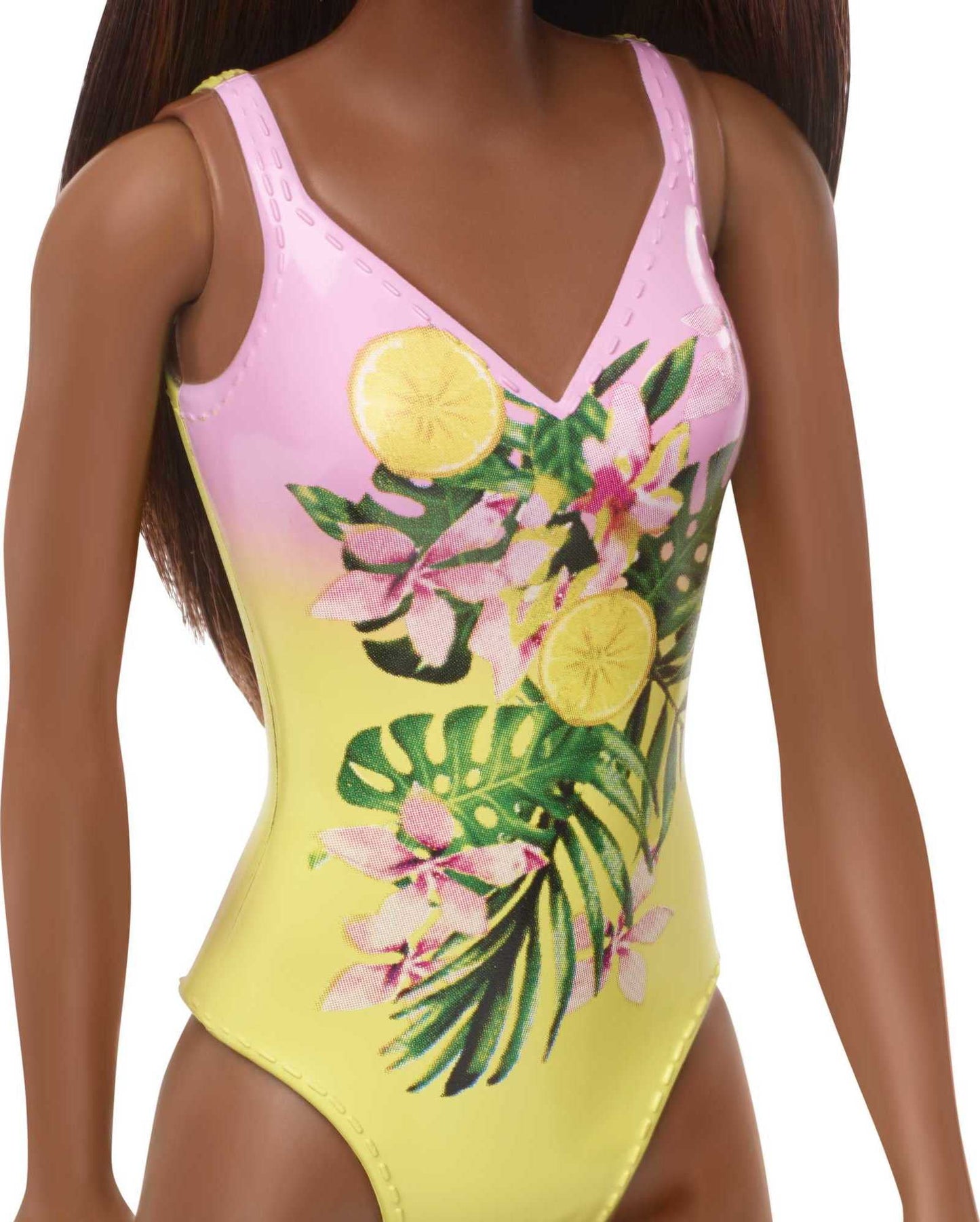 Barbie Fasshion Doll, Beach-Themed Brunette Wearing Pink & Yellow Floral Swimsuit