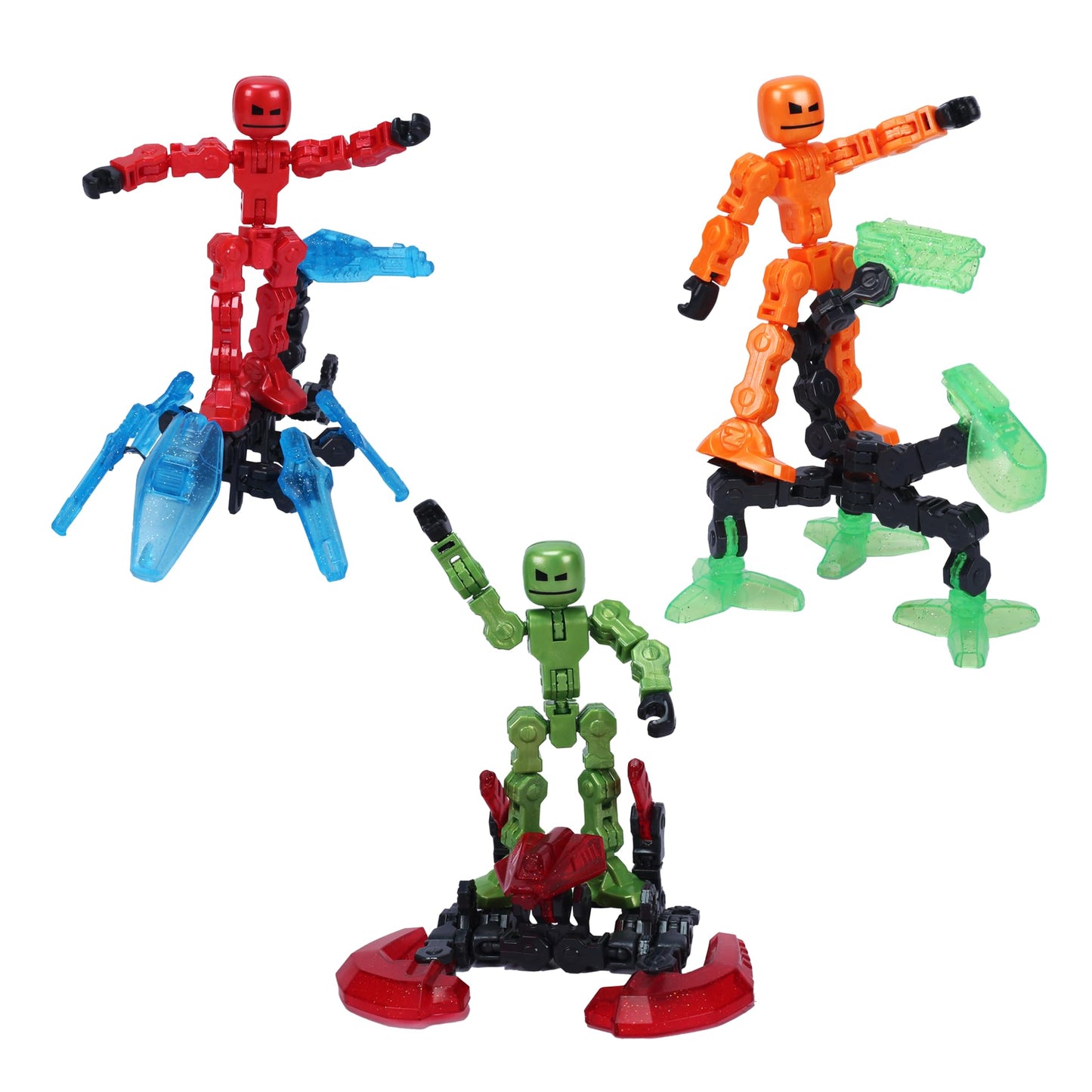 Zing KlikBot Defenders 3-Pack - Metallic Color Poseable Action Figures with Glitter Clear Accessories & Suction Cups, Stop-Motion Animation Toy