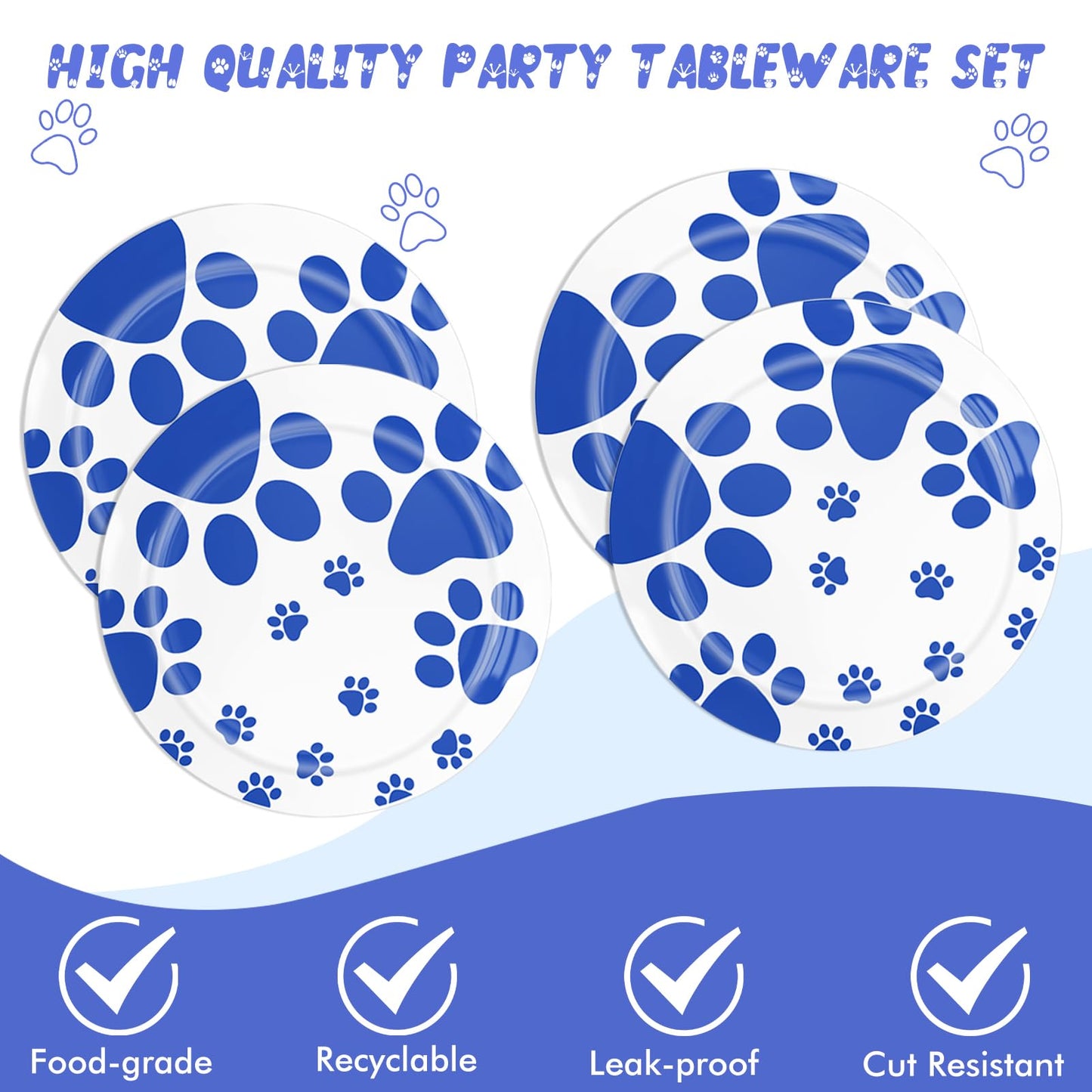 40PCS Blue Paw Print Party Supplies Dog Themed Birthday decorations Disposable Tableware Including Plates Napkins for Dog Birthday Baby Shower Pet