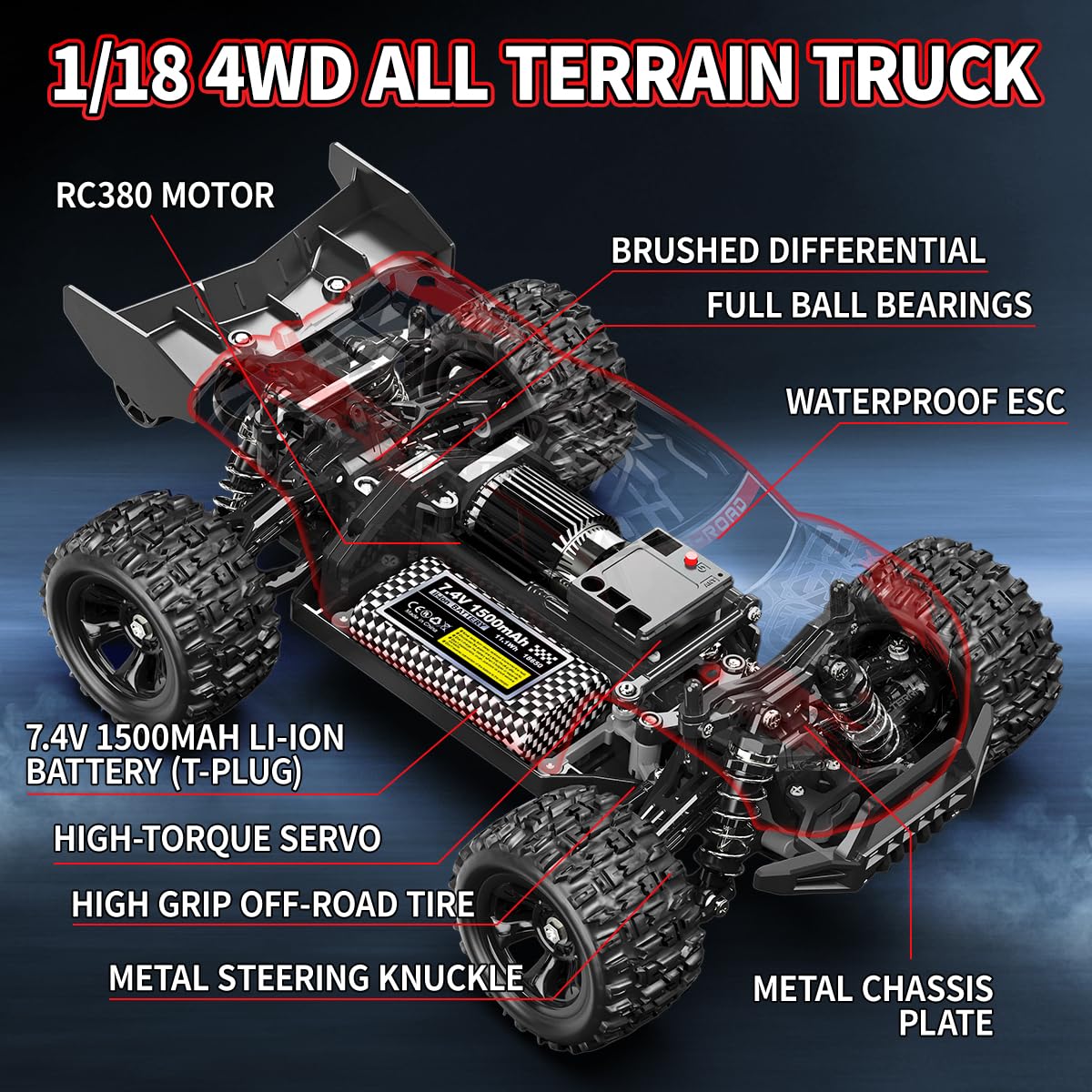 1:18 Scale RC Cars All Terrain Off Road 4WD Remote Control Car 36KM/H High Speed RC Monster Truck, Electric Vehicle with 2.4GHz Racing Car , Two 7.4V