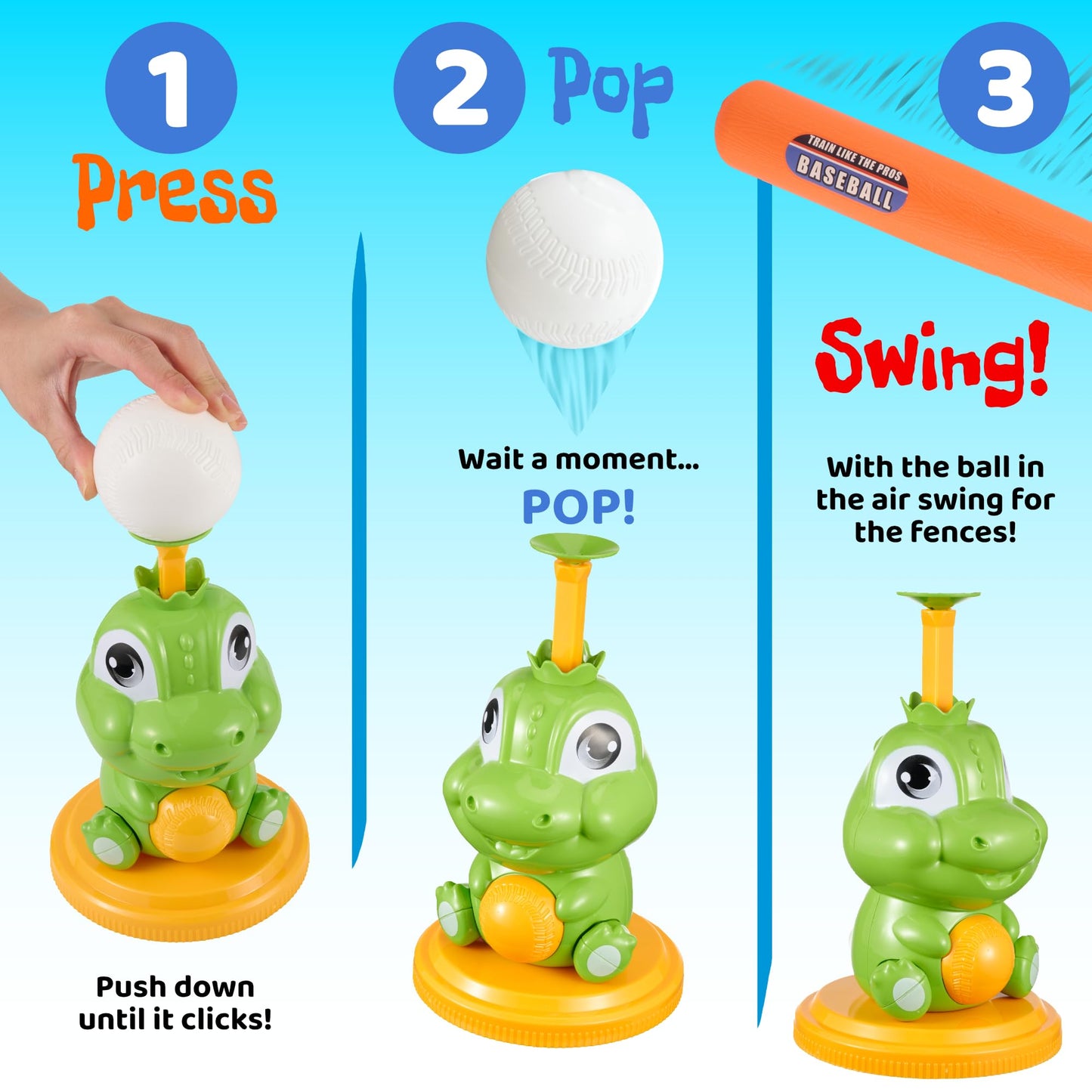 Dinoland Pop-Up T-Ball Set, Green Dinosaur Tee with Bat and 3 Balls, Indoor Outdoor Baseball Training Toy for Kids Ages 3-8