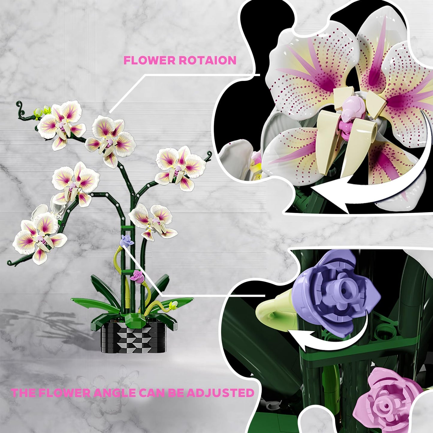 Orchid Flower Building Block Set,Compatible with Lego Flower Featuring Printed Floral Patterns on The Blocks' Petals, Ideal for Tabletop displays