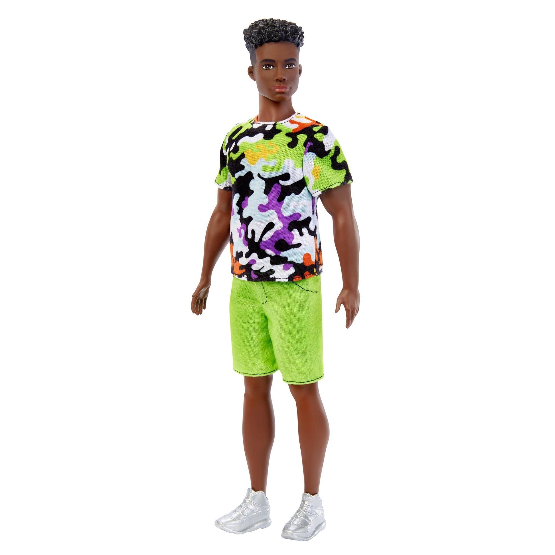 Barbie Fashionistas Ken Doll #123, Broad with Black Curly Hair Wearing Multi-Colored Camo Print Shirt, Neon Green Shorts & Silvery Sneakers
