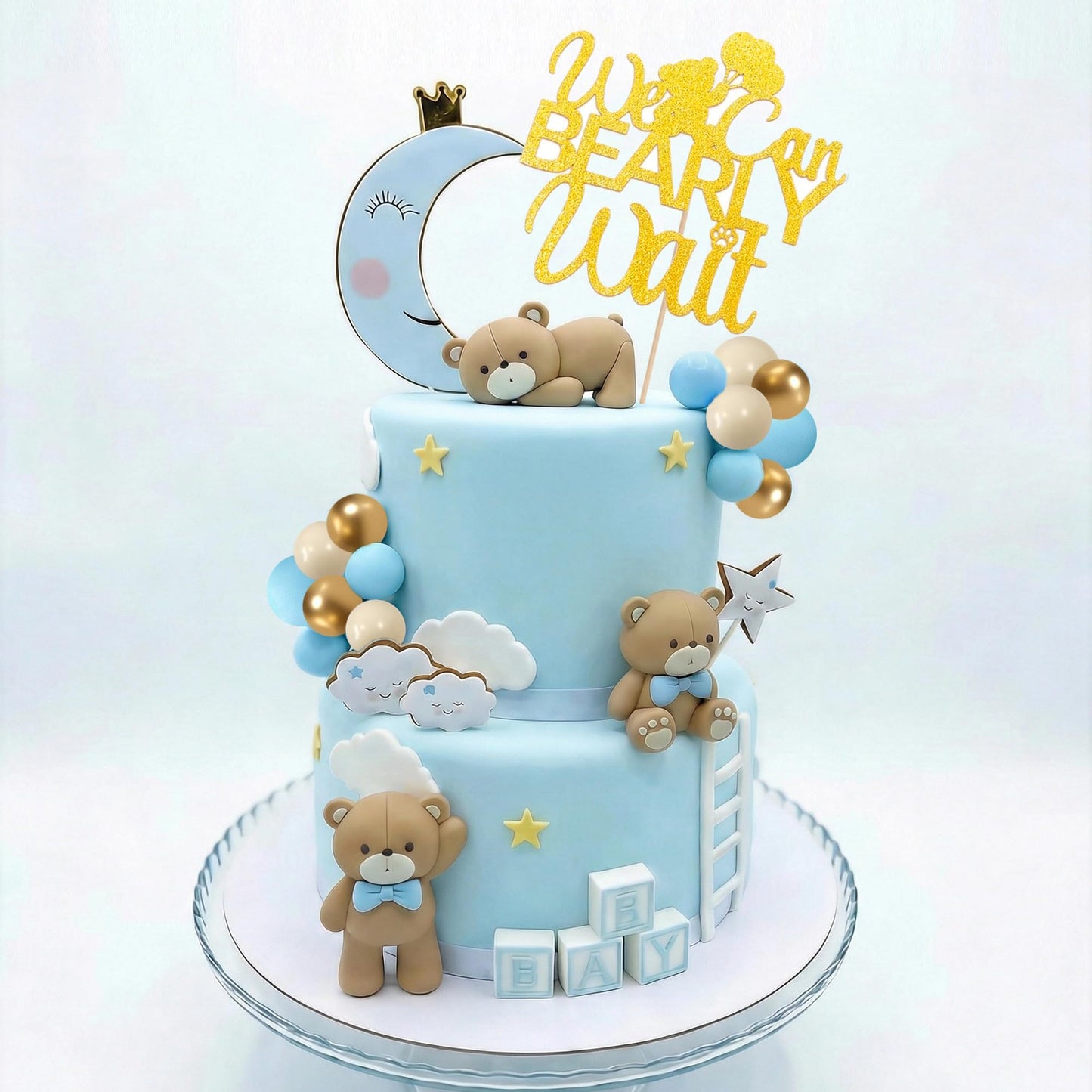 Bear Baby Shower Cake Topper Set, We Can Bearly Wait Cake Decoration with Ball Cake Decorations for Baby Boy Gender Reveal Birthday Party Supplies