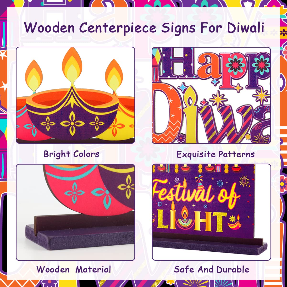 3 Pack Diwali Table Decorations Deepawali Wooden Centerpieces Happy Diwali Wooden Sign for Traditional Indian Hindu Festival of Lights Party Supplies