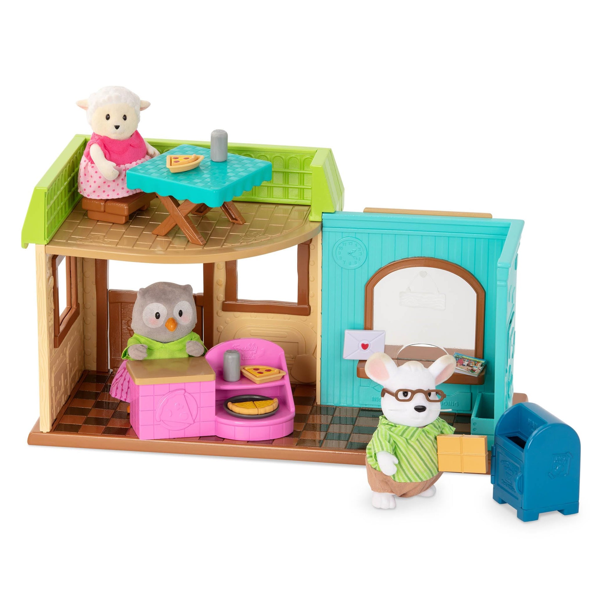 Li'l Woodzeez - Post 'n Pizza Shop Dollhouse Playset with 18 Pieces, Restaurant Furniture, Post Office Accessories & Pretend Food - 3+ Years