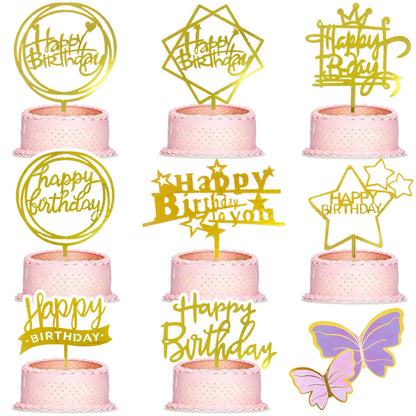 28 Pcs Happy Birthday and Butterfly Cake Toppers Set, Acrylic Gold Birthday Cupcake Toppers, Butterfly Cake Decorations