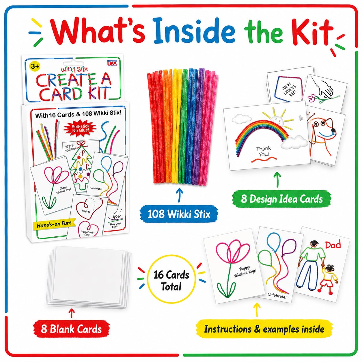Wikki Stix Create-A-Card Kit, Kids Greeting Card Craft Kit with 108 16 Cards, Make Handmade Birthday, Holiday, Thank You, Valentine, Mother’s Day