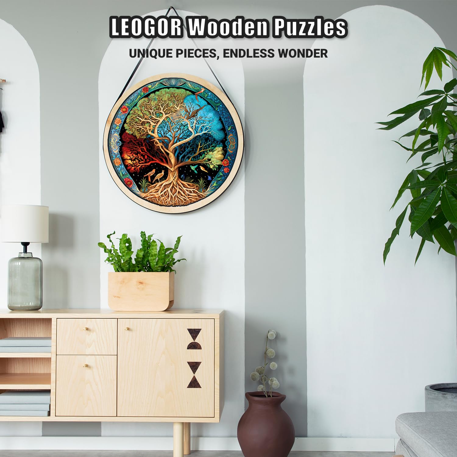 LEOGOR Wooden Jigsaw Puzzles for Adults 500 Pieces (17.8 x 18 in), Extra-Thick 5mm Wood, Large Round Tree of Life Puzzle with Unique Nature Inspired