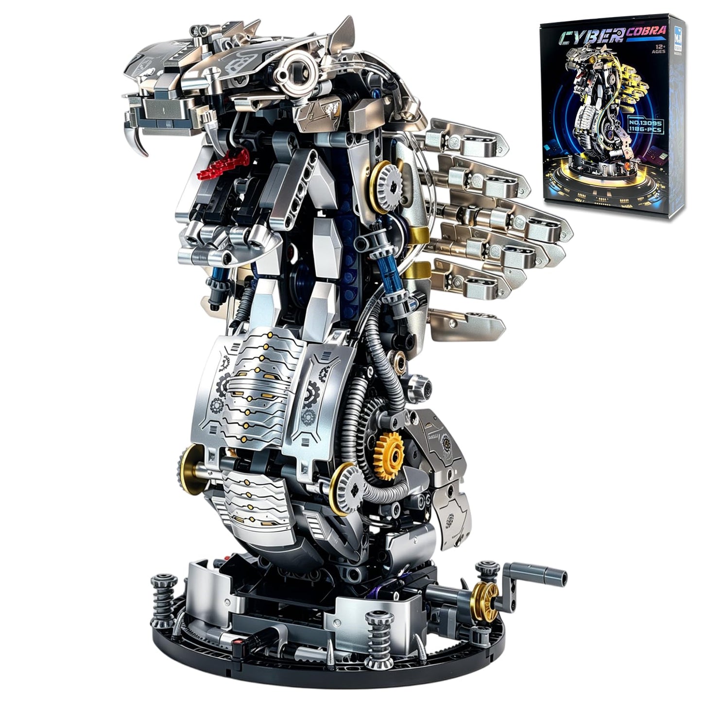 Mechanical Cobra Building Block Set, Compatible with LEGO for Adults, Steampunk Snake Animal Model, Collection Toy with Movable Head, Display Stand