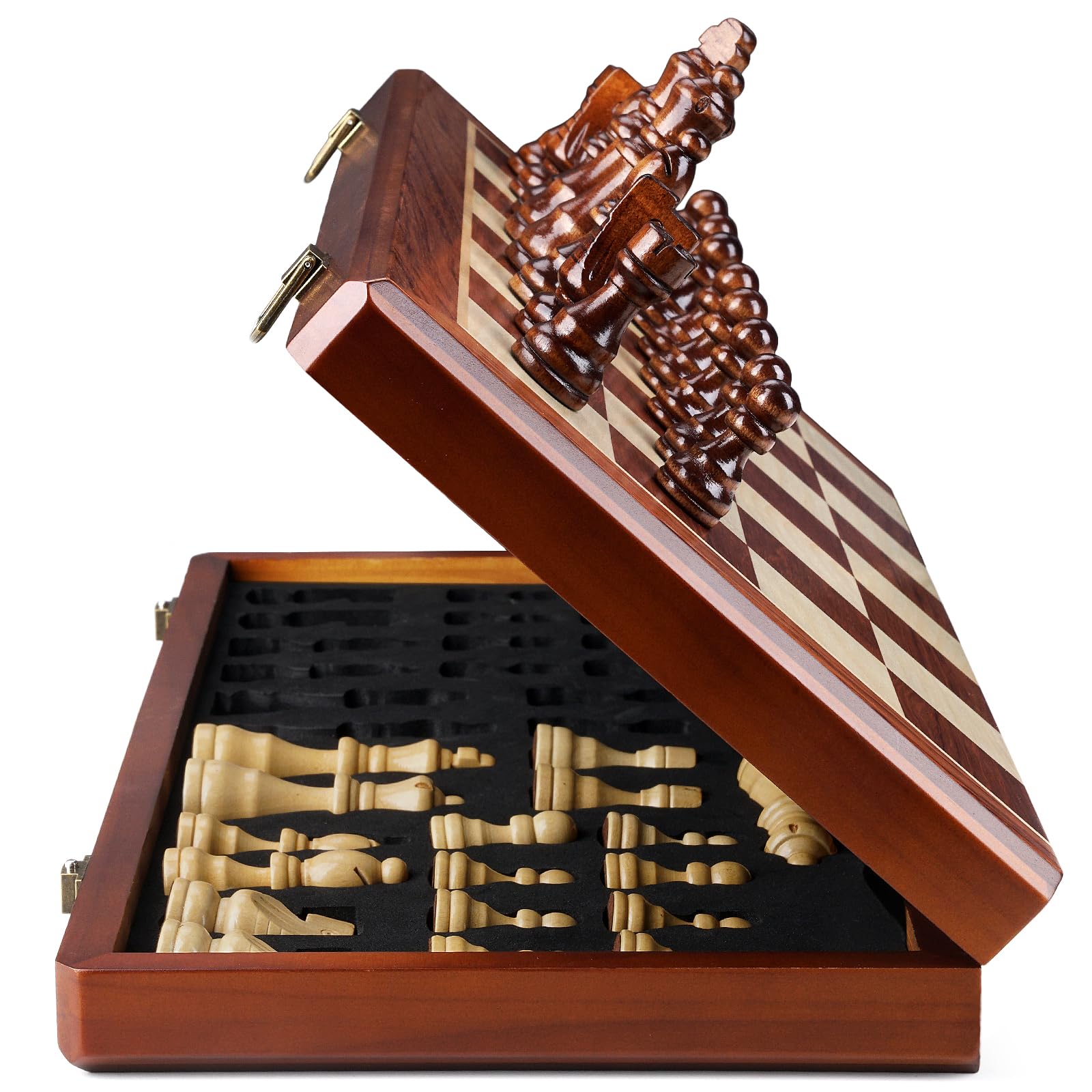 15.4" Magnetic Wooden Chess Set for Adults & Kids, Handcrafted Foldable Chess Board with Individual Storage Slots, 2 Extra Queens, Portable Travel