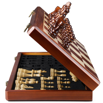 15.4" Magnetic Wooden Chess Set for Adults & Kids, Handcrafted Foldable Chess Board with Individual Storage Slots, 2 Extra Queens, Portable Travel