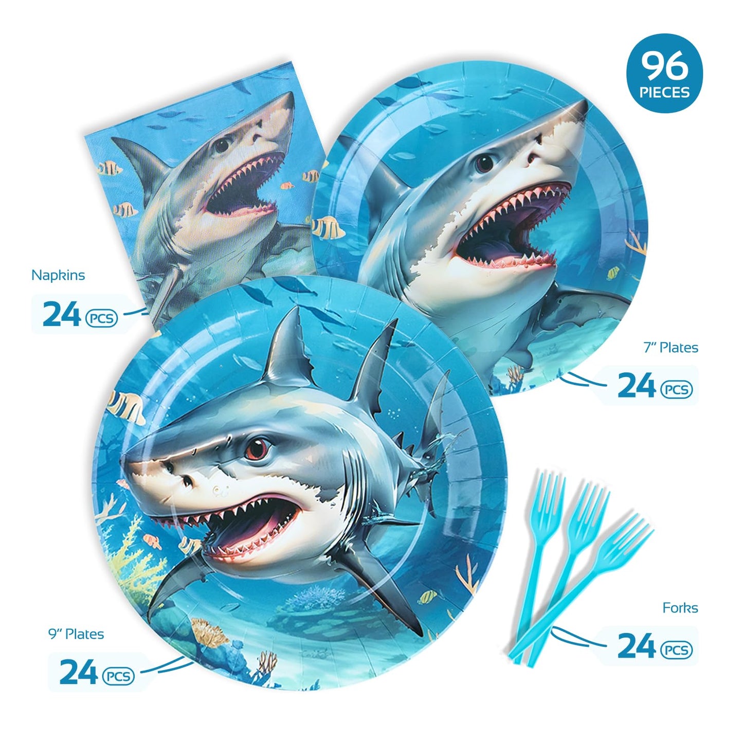 Shark Birthday Party Decorations - Shark Tableware Set, Paper Plate, Fork, Napkin, Ocean Under The Sea Theme Party Supplies for Baby Shower Boys