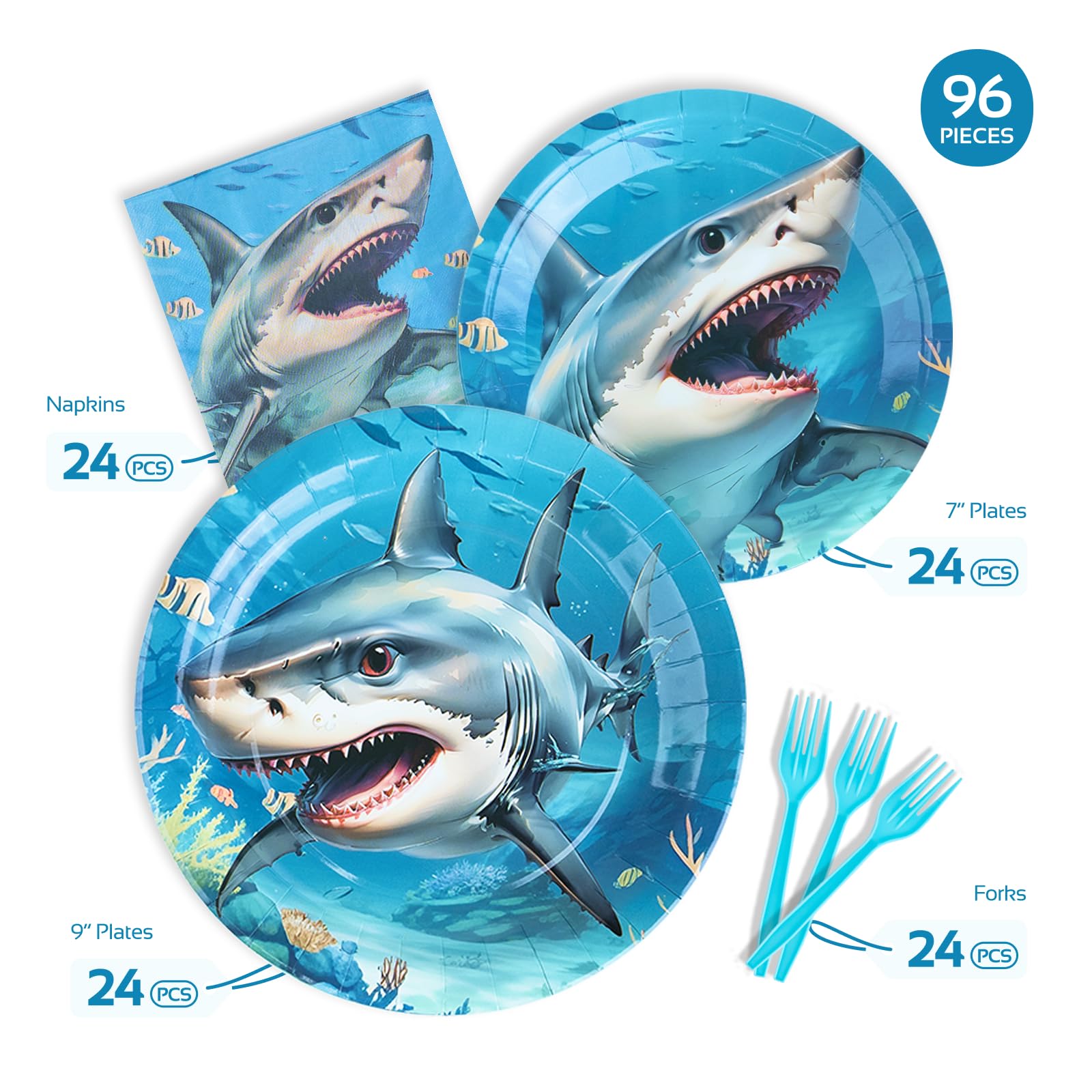 Shark Birthday Party Decorations - Shark Tableware Set, Paper Plate, Fork, Napkin, Ocean Under The Sea Theme Party Supplies for Baby Shower Boys