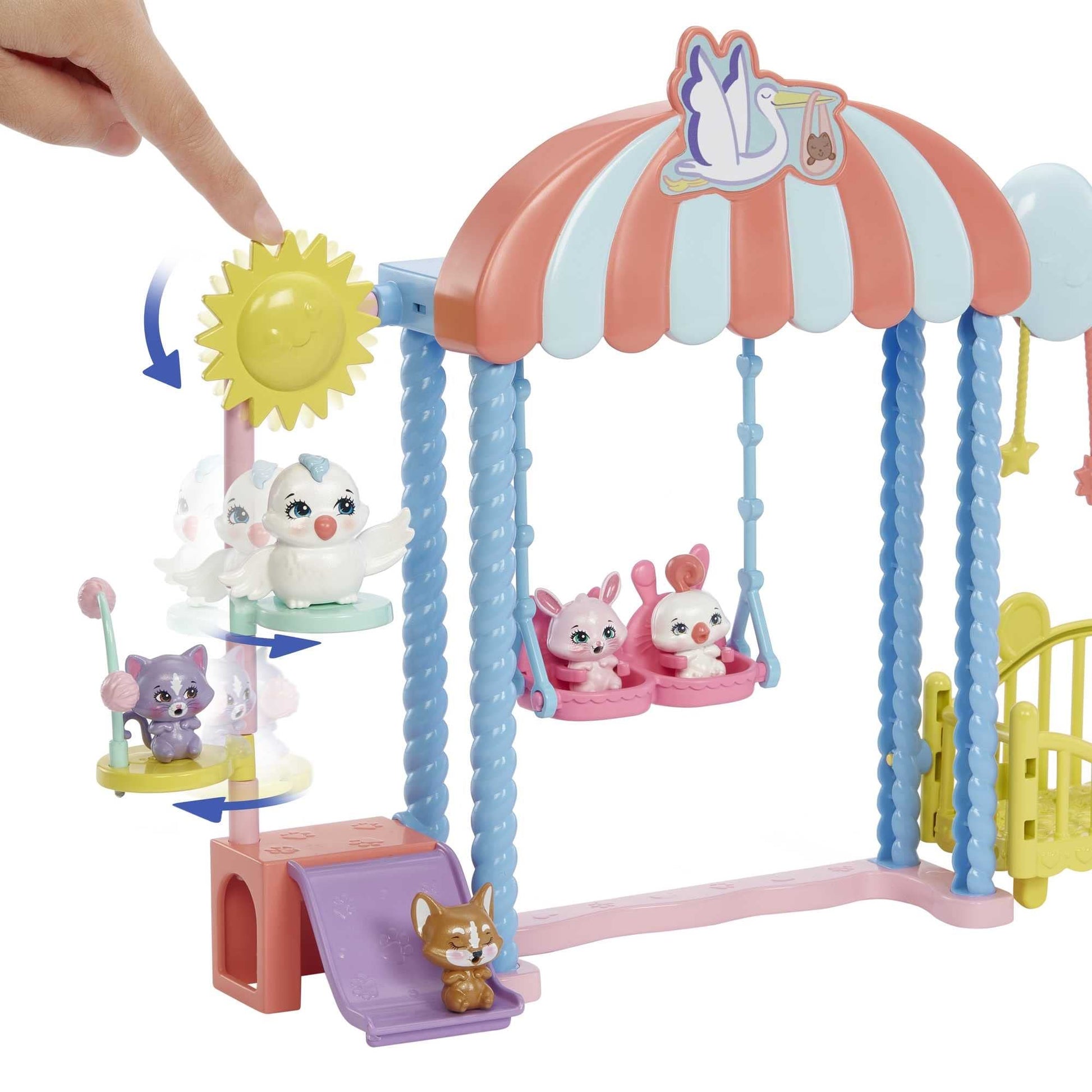 Enchantimals Doll and Accessories, Darling Daycare Playset, Starley Stork Doll, Bouncer and 4 Baby Bestie Animal Figures, Crib and More, Baby Best
