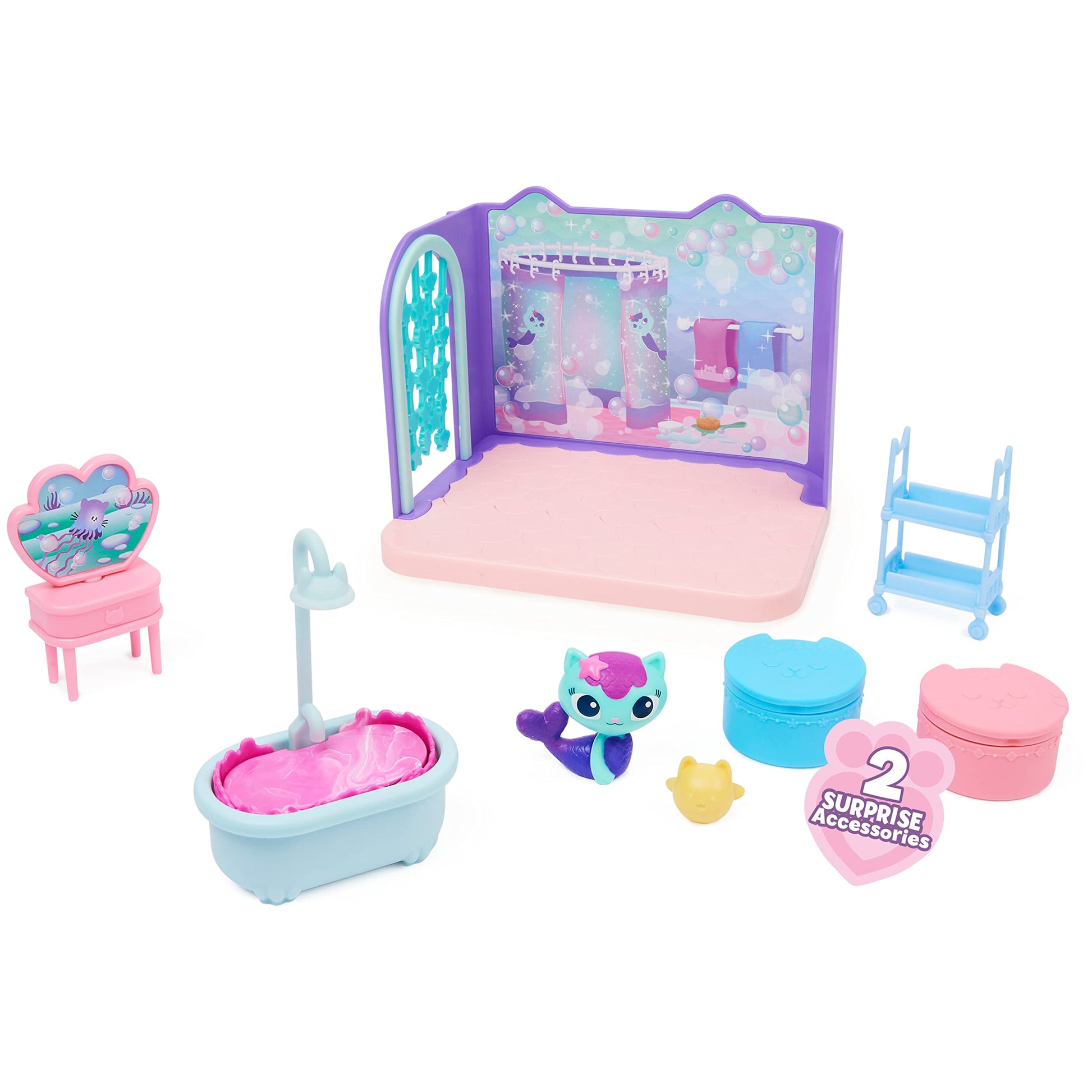 Gabby’s Dollhouse, Primp and Pamper Bathroom with Mercat Figure, 3 Accessories, 3 Furniture and 2 Deliveries, Kids Toys for Ages 3 and up