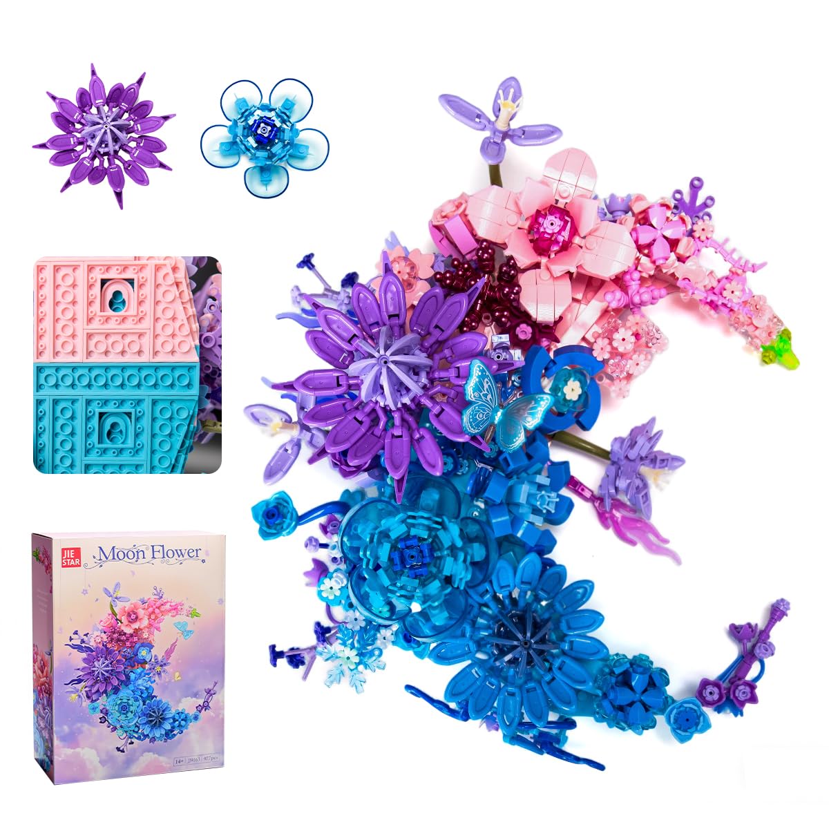 Moon Eternal Flower Decoration Building Set for Adults, 977 Pcs Micro-Particle Crescent-Shaped Artificial Flowers Building Blocks with Built-in
