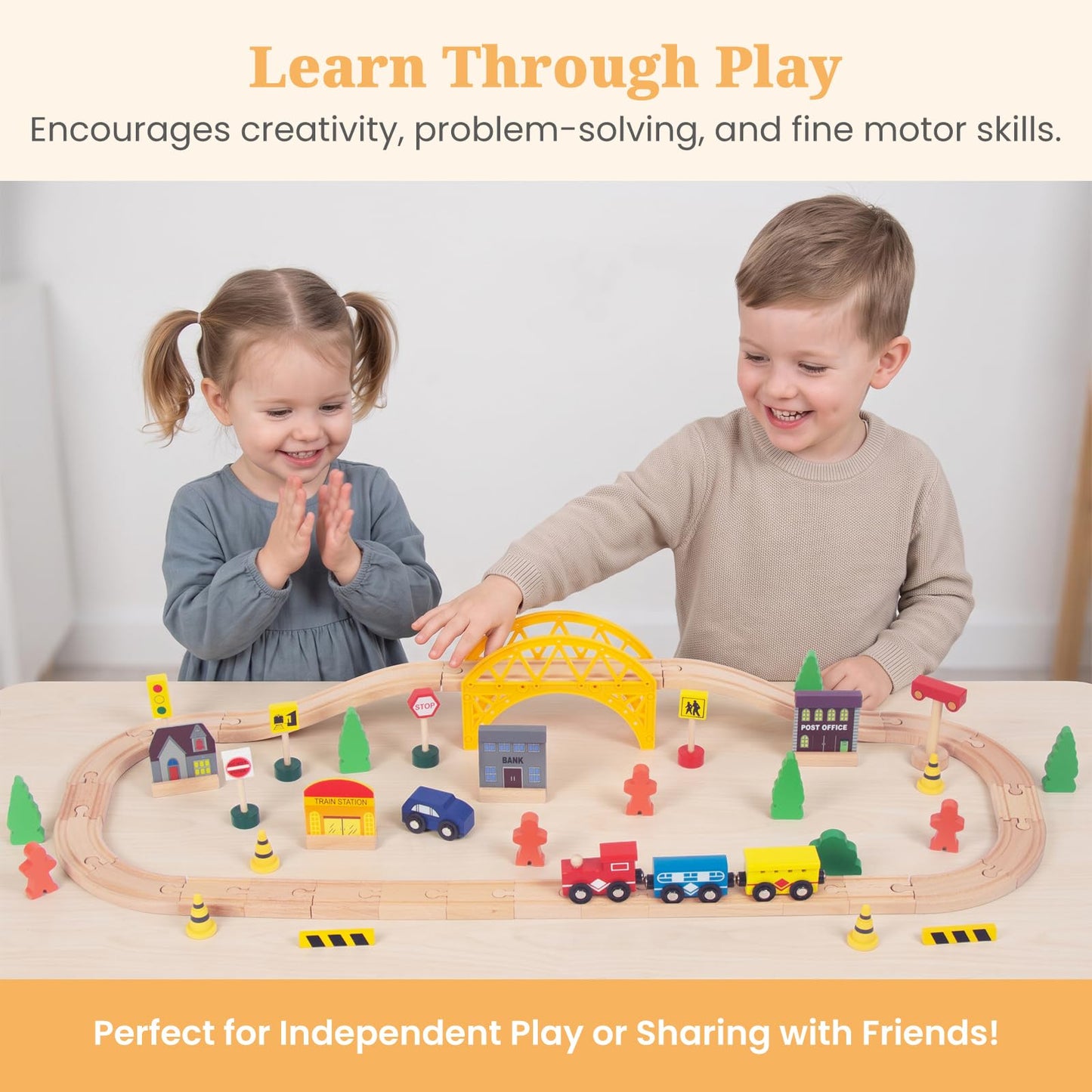60Pcs Train Set for 3 Year Old Boys, Double-Side Wooden Train Set Tracks for Toddlers, Fits Brio, Thomas, Melissa and Doug, Kids Wood Train Toys for 3