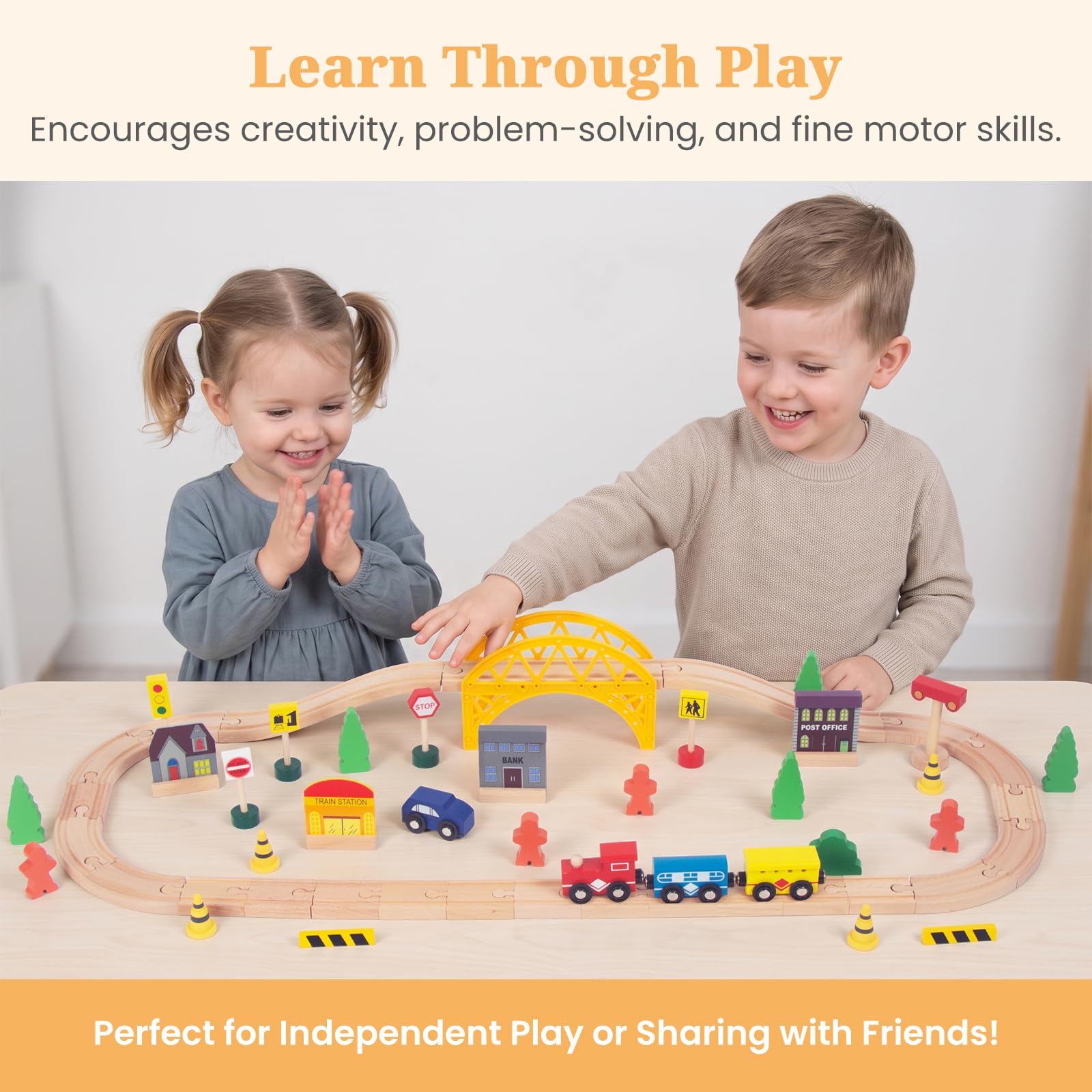60Pcs Train Set for 3 Year Old Boys, Double-Side Wooden Train Set Tracks for Toddlers, Fits Brio, Thomas, Melissa and Doug, Kids Wood Train Toys for 3