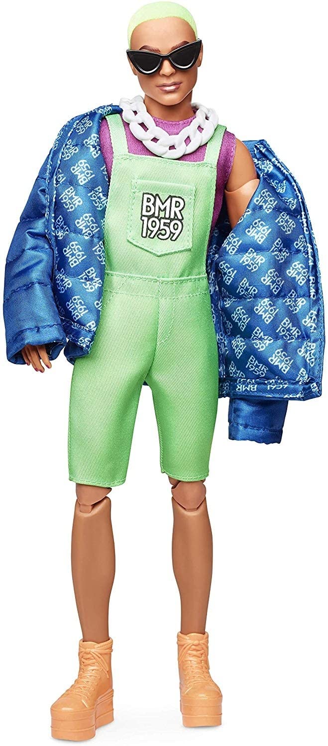Barbie BMR1959 Ken Fully Poseable Fashion Doll with Neon Hair, in Neon Overalls and Puffer Jacket, with Accessories and Doll Stand
