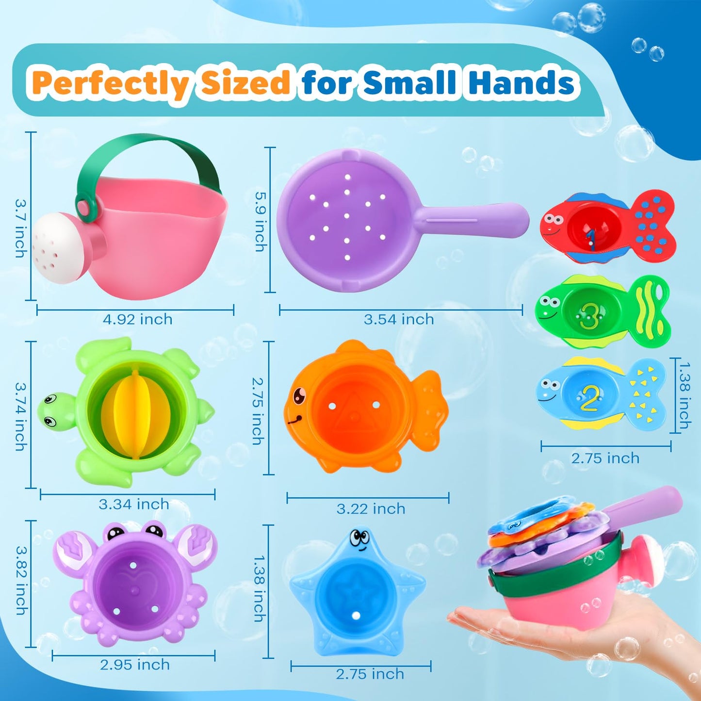 Baby Bath Toys for Kids Ages 1-3 9PCS Toddler Bath Toys Mold Free for 2-4 with Watering Can & Stacking Cups Colorful Bathtub Pool Water Toys for 1+