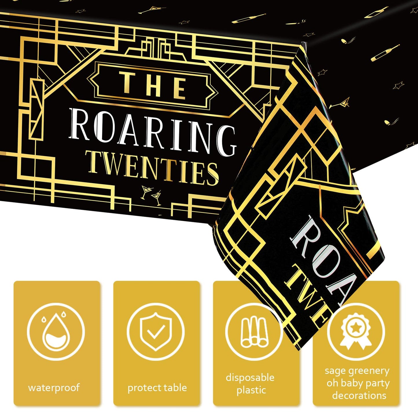 Roaring 1920s Party Plastic Tablecloths - Black & Gold Speakeasy Vintage Flapper Wedding Party Supplies (1 Pack Disposable Table Cover)