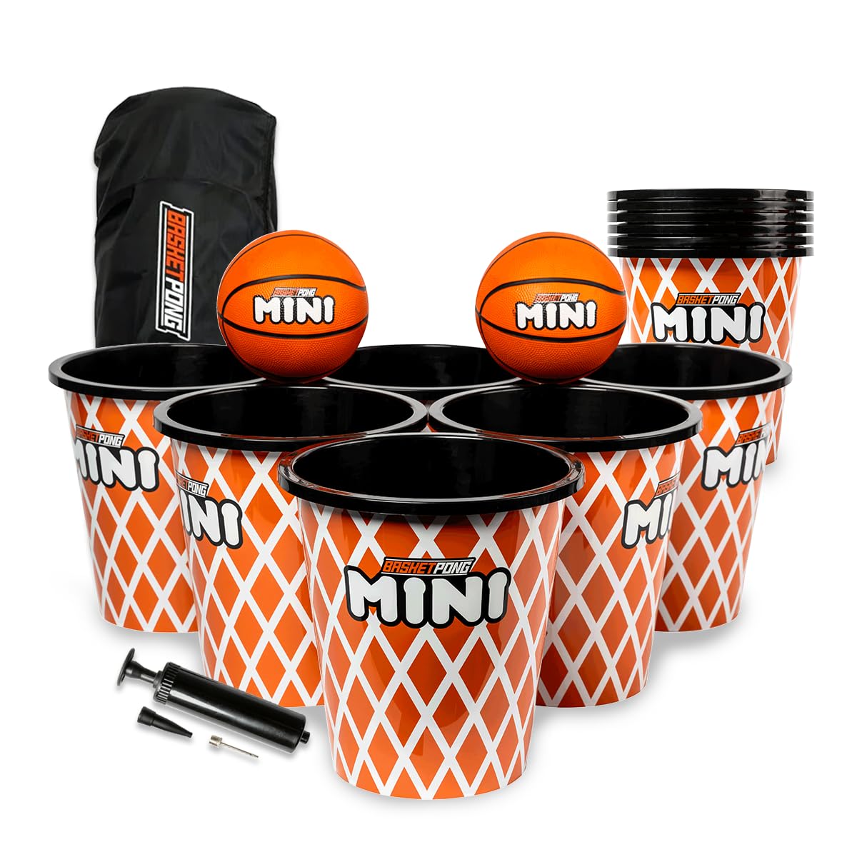 BasketPong Mini - Yard Pong and Basketball Game with 12 Buckets, 2 Balls, Carrying Bag, and Air Pump - Outdoor Game for Lawn, Backyard, Beach,