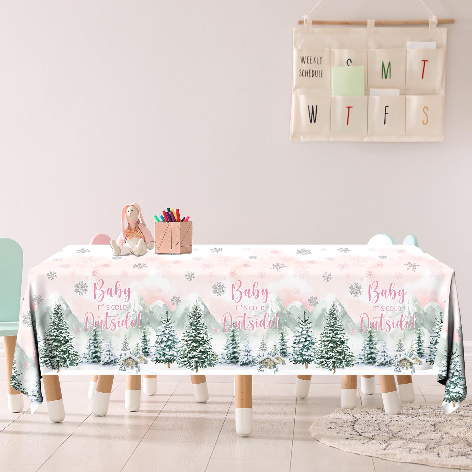 Dydamud Winter Woodland Plastic Tablecloth - 3pcs Rectangle Table Cover for Baby Girl's Cold Outside Baby Shower & Birthday Party Decorations