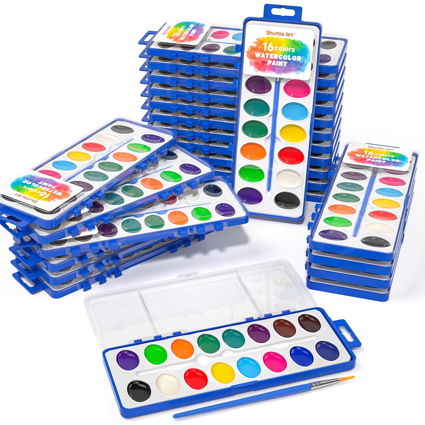 Shuttle Art 16 Colors Watercolor Paint Set Bulk, Pack of 24, Watercolor Paint Set with Paint Brushes for Kids and Adults, Washable Paint