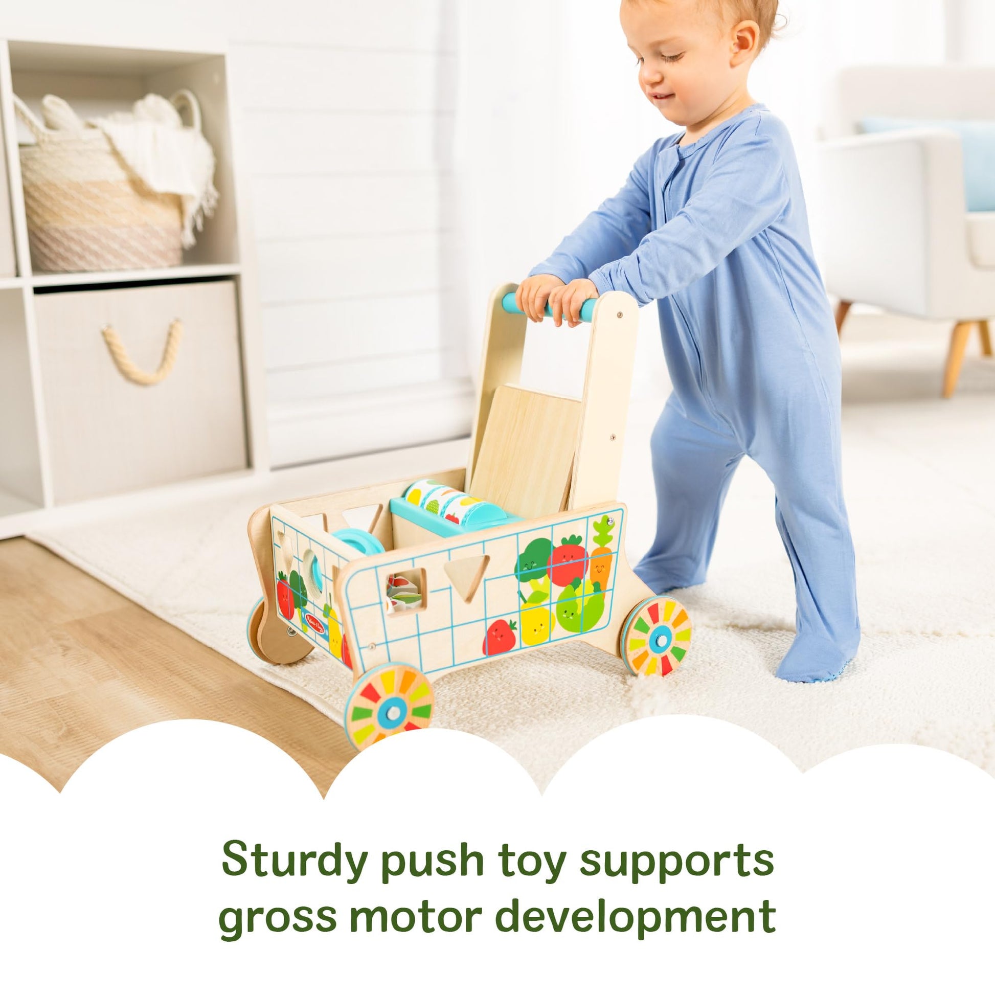 Melissa & Doug Wooden Shape Sorting Grocery Cart - Toddler Toys with 12 Blocks, Puzzle Board and Coffee Cup for Pretend Play and Montessori Toys - FSC