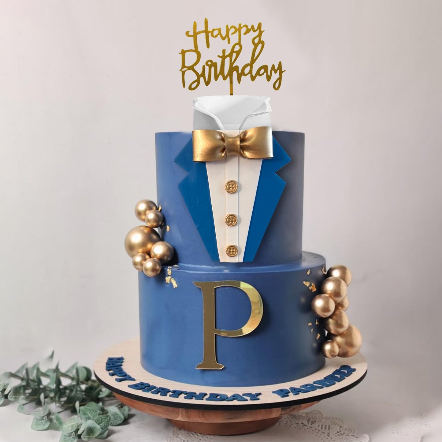 Suit Cake Topper Navy Blue Boss Cake Decorations with Golden Balls for Man Birthday Father Theme Decoration Supplies