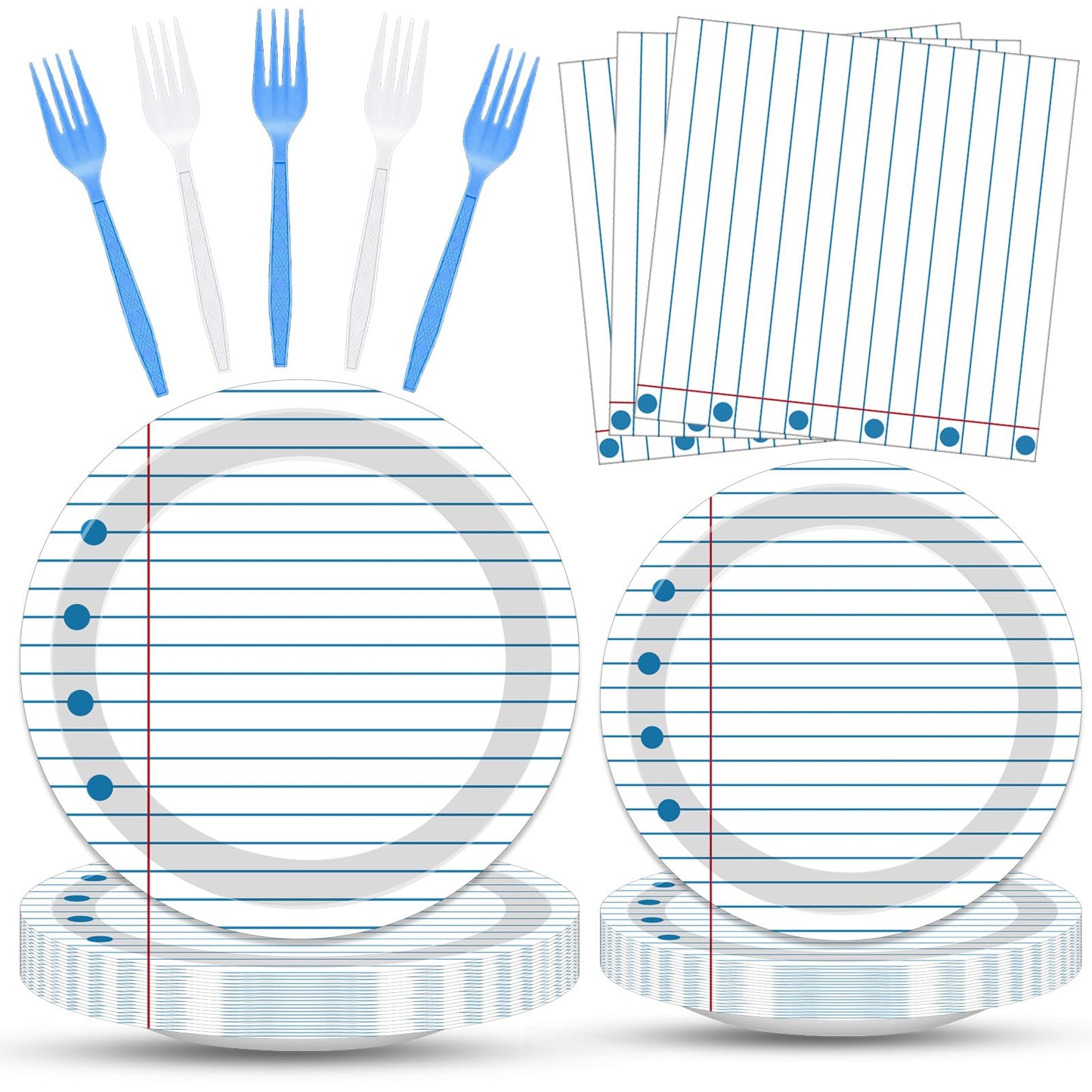 100 Pcs Back to School Party Supplies - Serves 25, Notebook Lined Paper Disposable Tableware, Includes Paper Plates, Napkins, and Plastic Forks