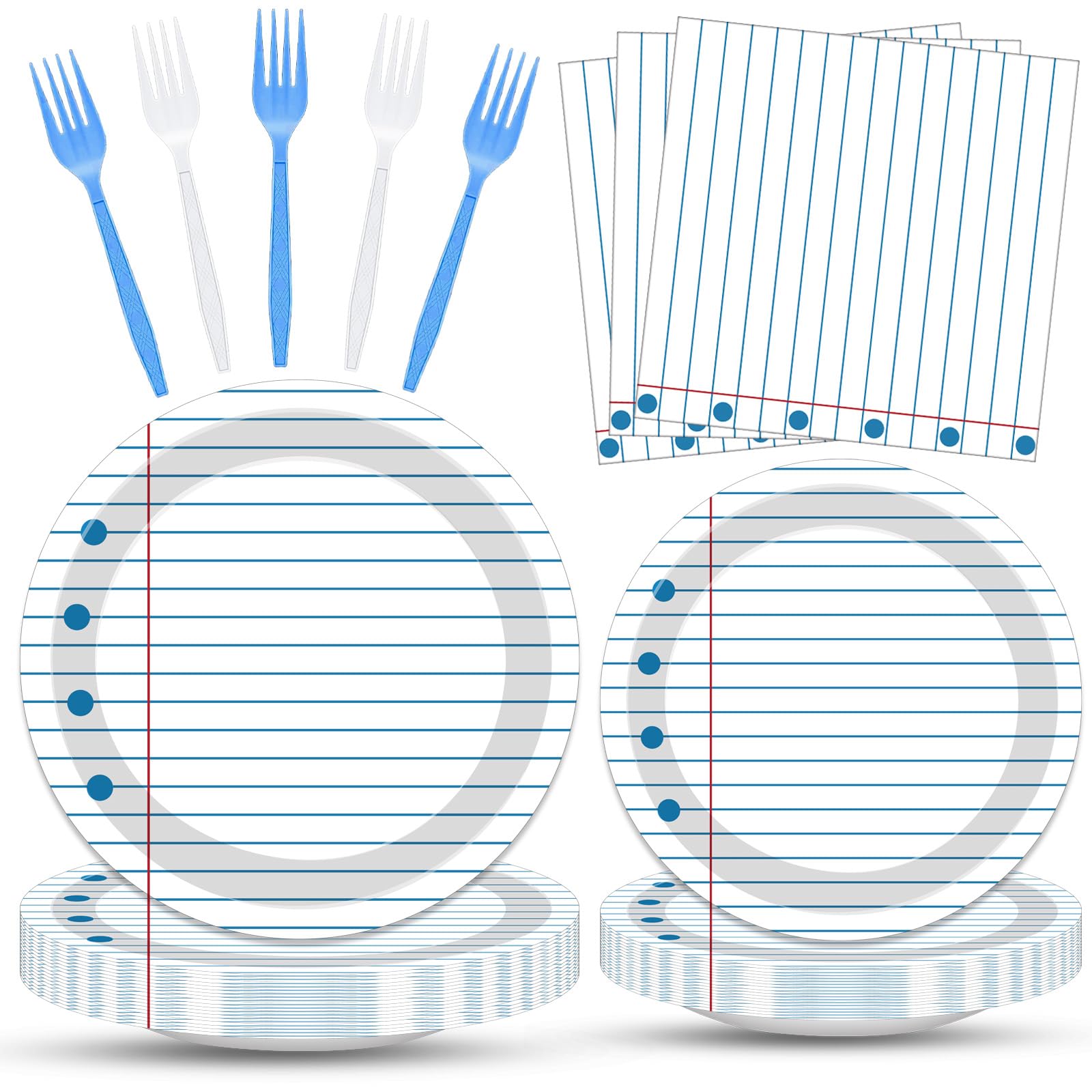 100 Pcs Back to School Party Supplies - Serves 25, Notebook Lined Paper Disposable Tableware, Includes Paper Plates, Napkins, and Plastic Forks