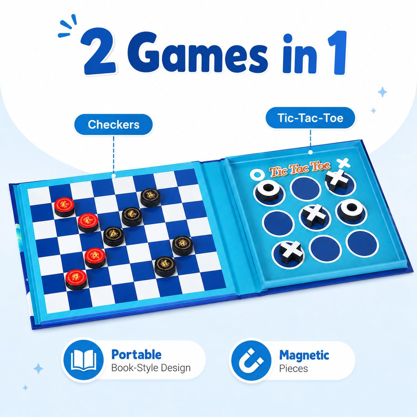 2-in-1 Travel Checkers and Tic Tac Toe Game for Kids Ages 8-12, Magnetic Checkers Board Game, Foldable Road Trip and Plane Activities