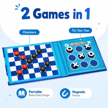 2-in-1 Travel Checkers and Tic Tac Toe Game for Kids Ages 8-12, Magnetic Checkers Board Game, Foldable Road Trip and Plane Activities