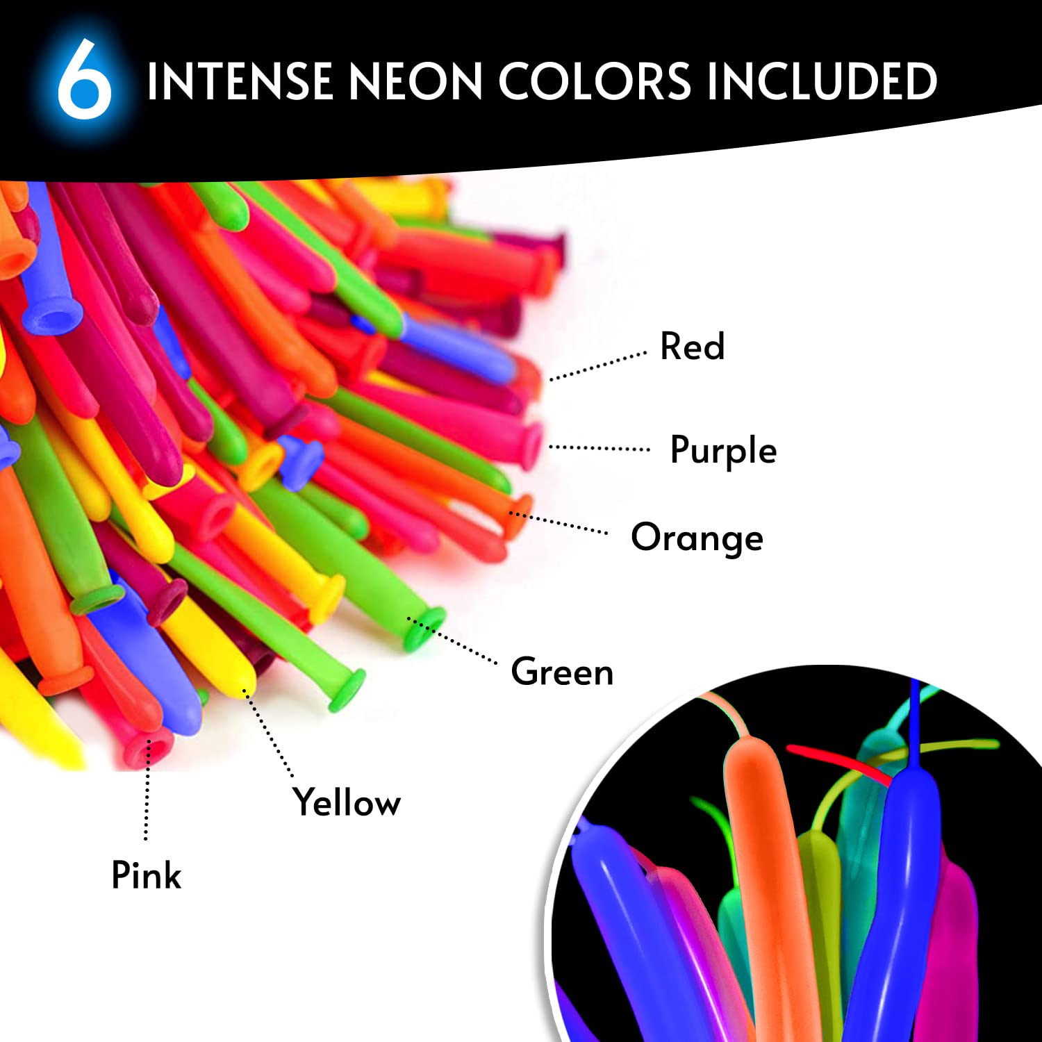 Glow King Neon Tying Balloons - Fluorescent Neon Glow Party Balloons for Tying Balloon Animals - Blacklight Reactive Party Supplies - Neon Party