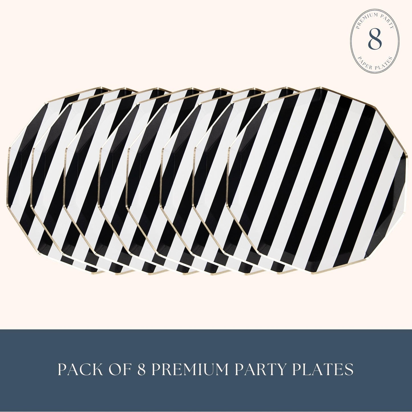 Bonjour Fête Black Cabana Stripe Party Plates | Gold Foil Sturdy Disposable Plate for Holiday & Tailgate Parties | Large Lunch & Dinner Plate | Pack